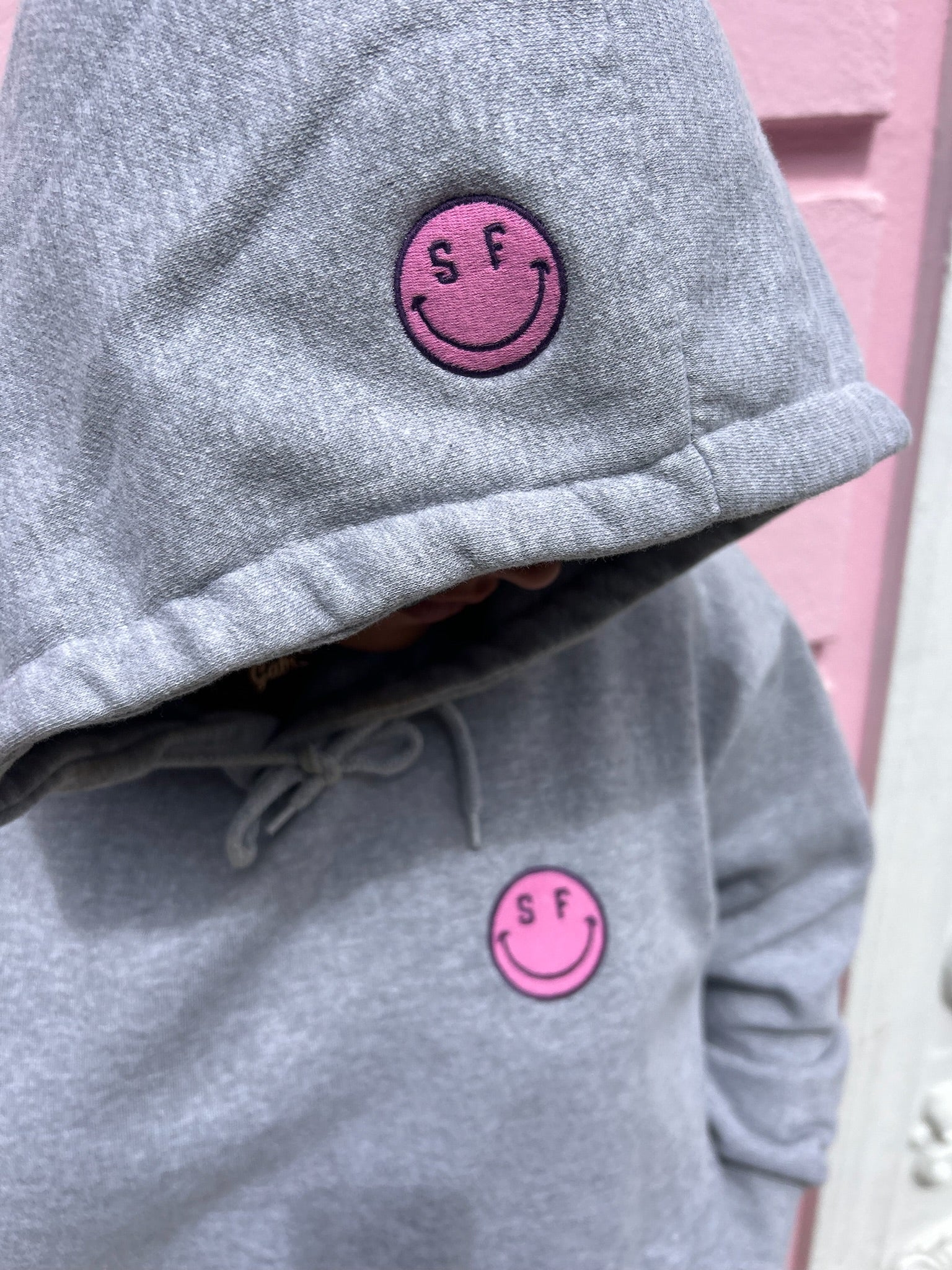 SF Smile Hoodie, Grey + Pink