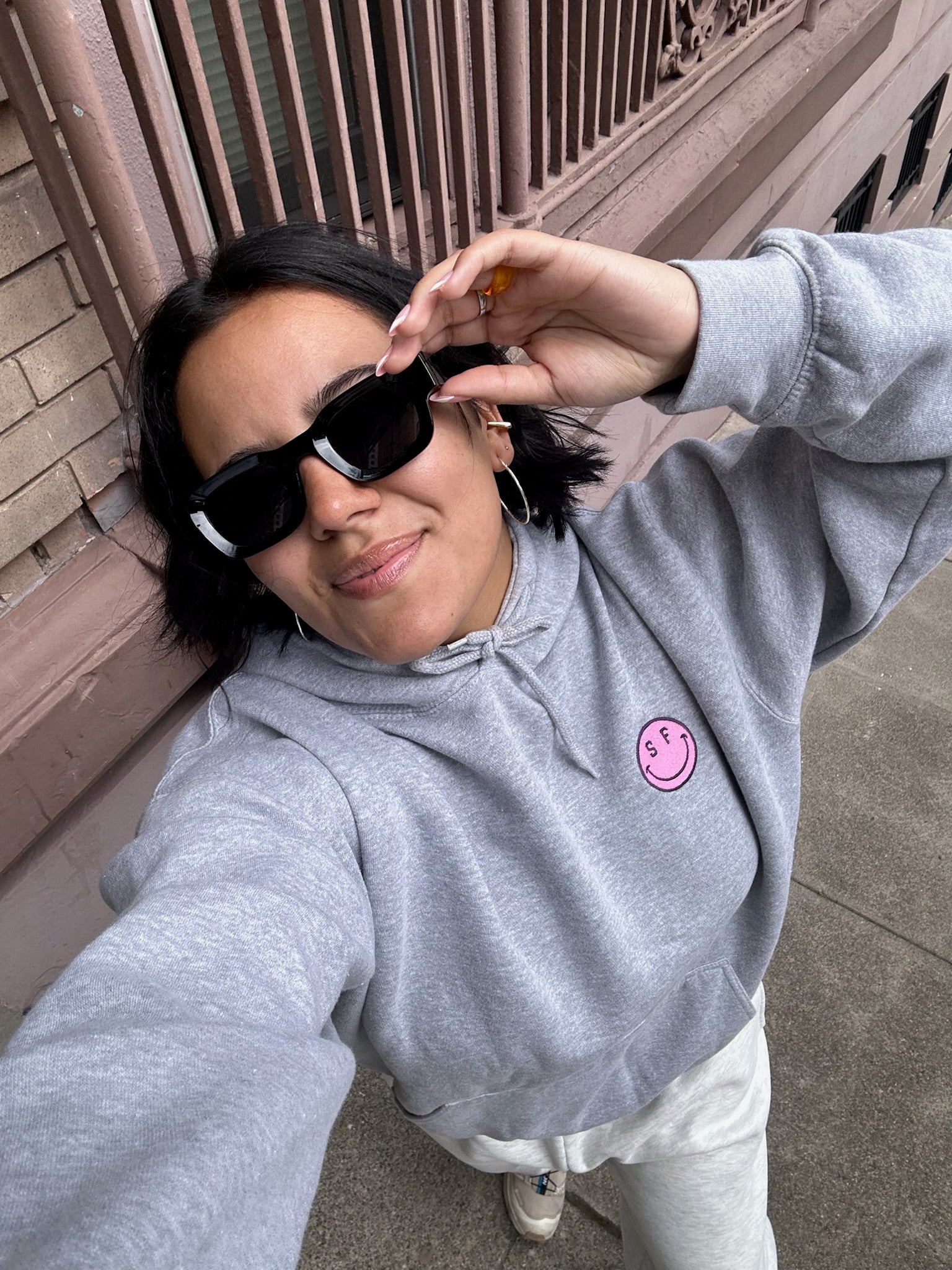 SF Smile Hoodie, Grey + Pink