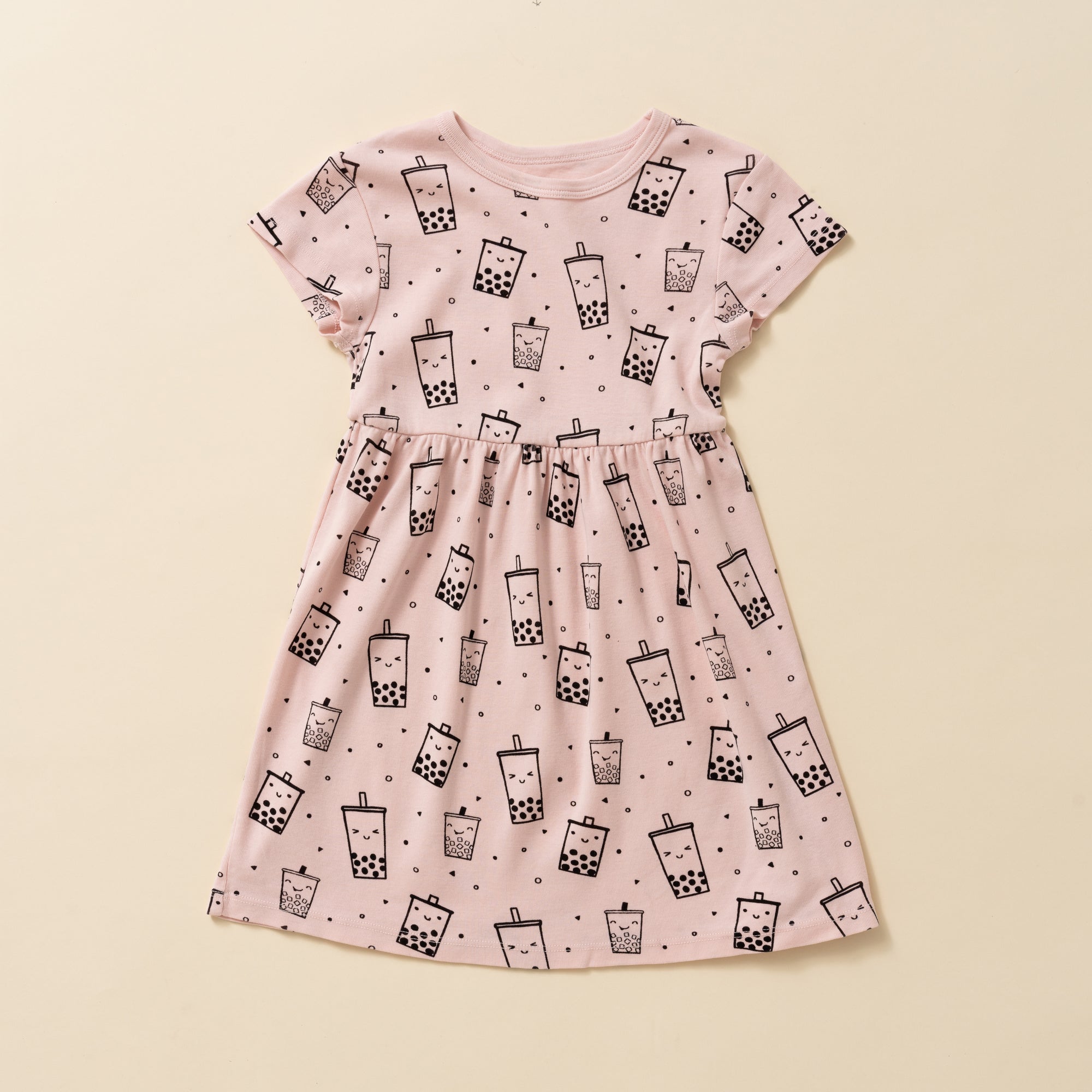 Boba Print Baby Doll Dress, Powder Pink