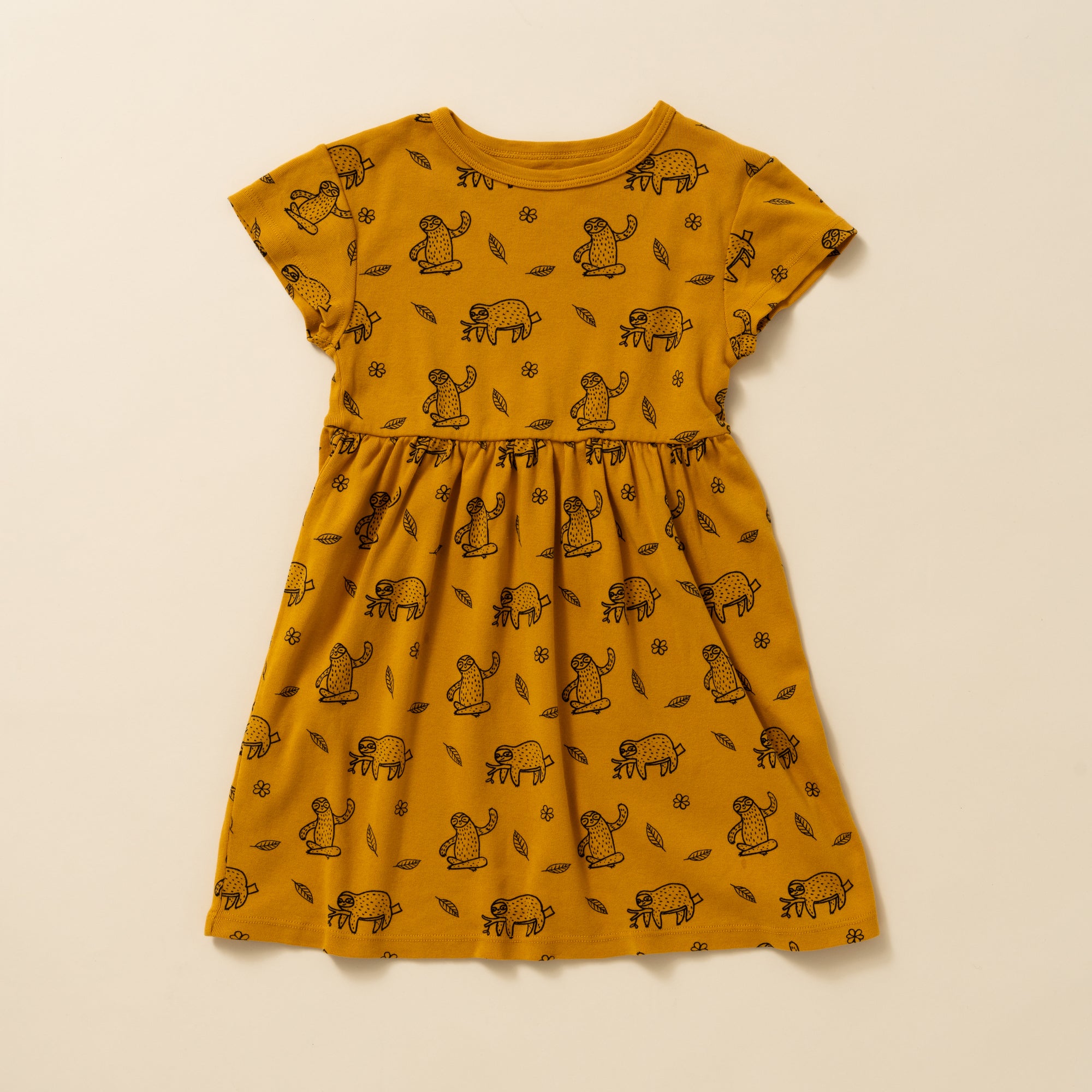 Sloth Print Baby Doll Dress, Golden