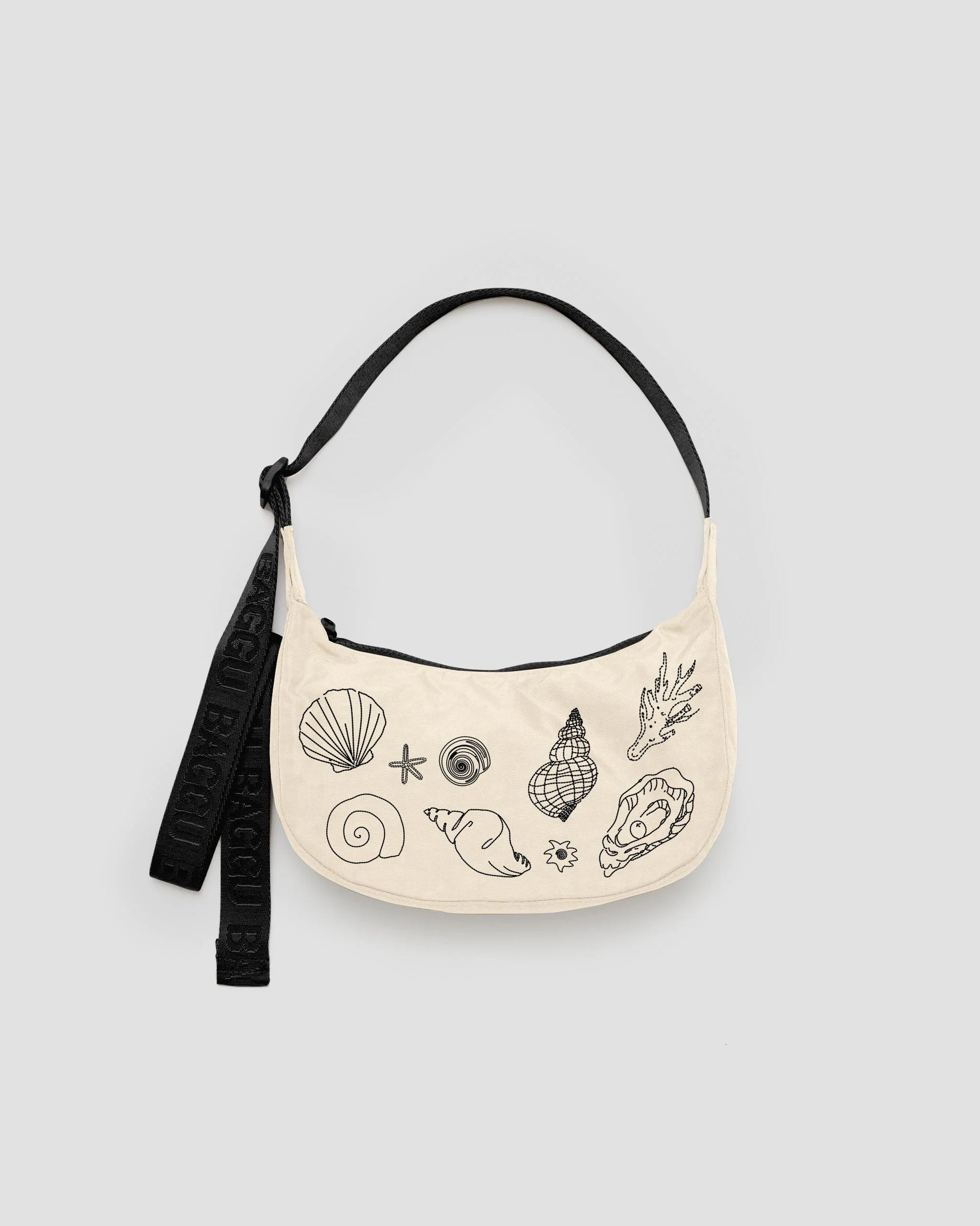 Small Nylon Crescent Bag, Embroidered Shells