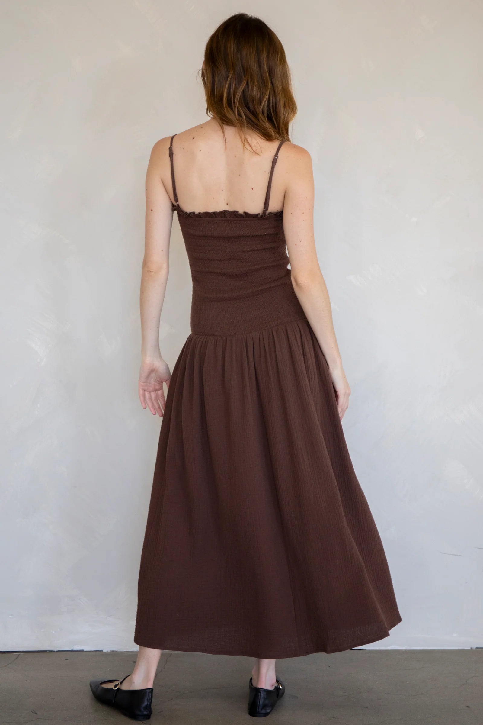 Ruffled Maxi Dress, Chocolate Brown