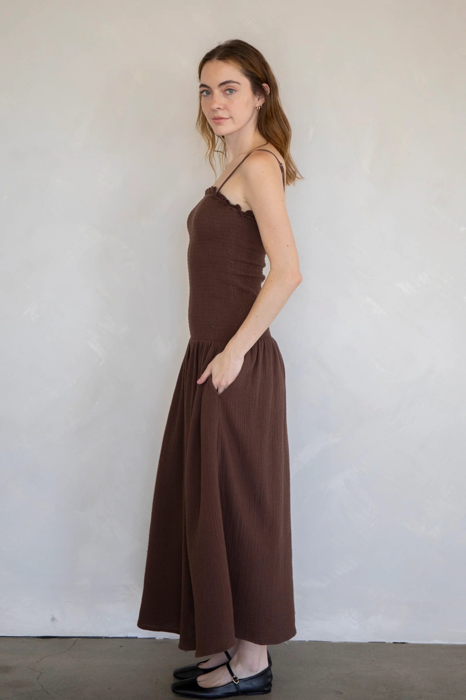 Ruffled Maxi Dress, Chocolate Brown
