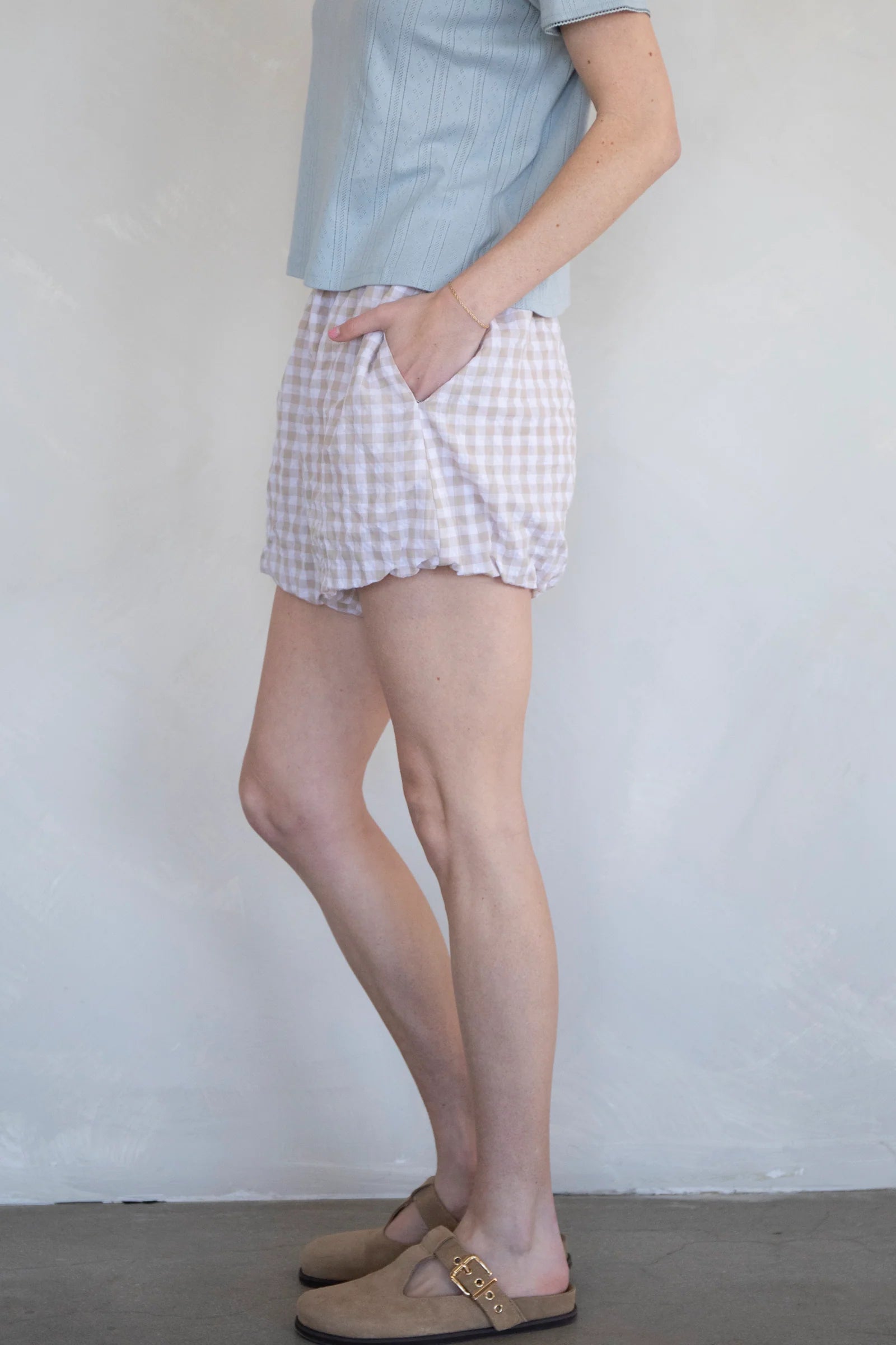 Gingham Bubble Boxer Shorts, Taupe