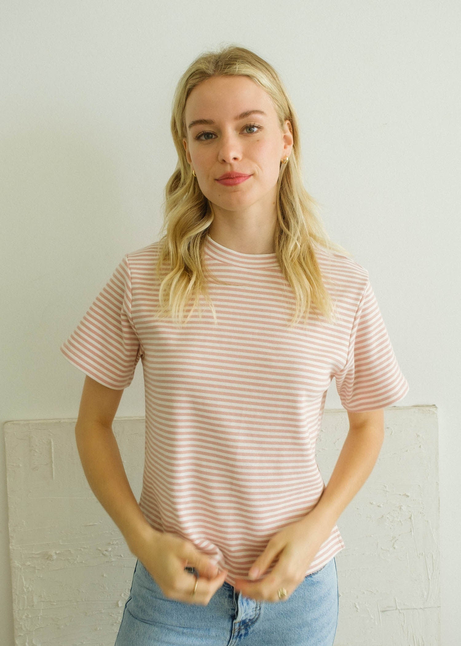 Emerson Striped Tee, Ivory/Pink Stripe