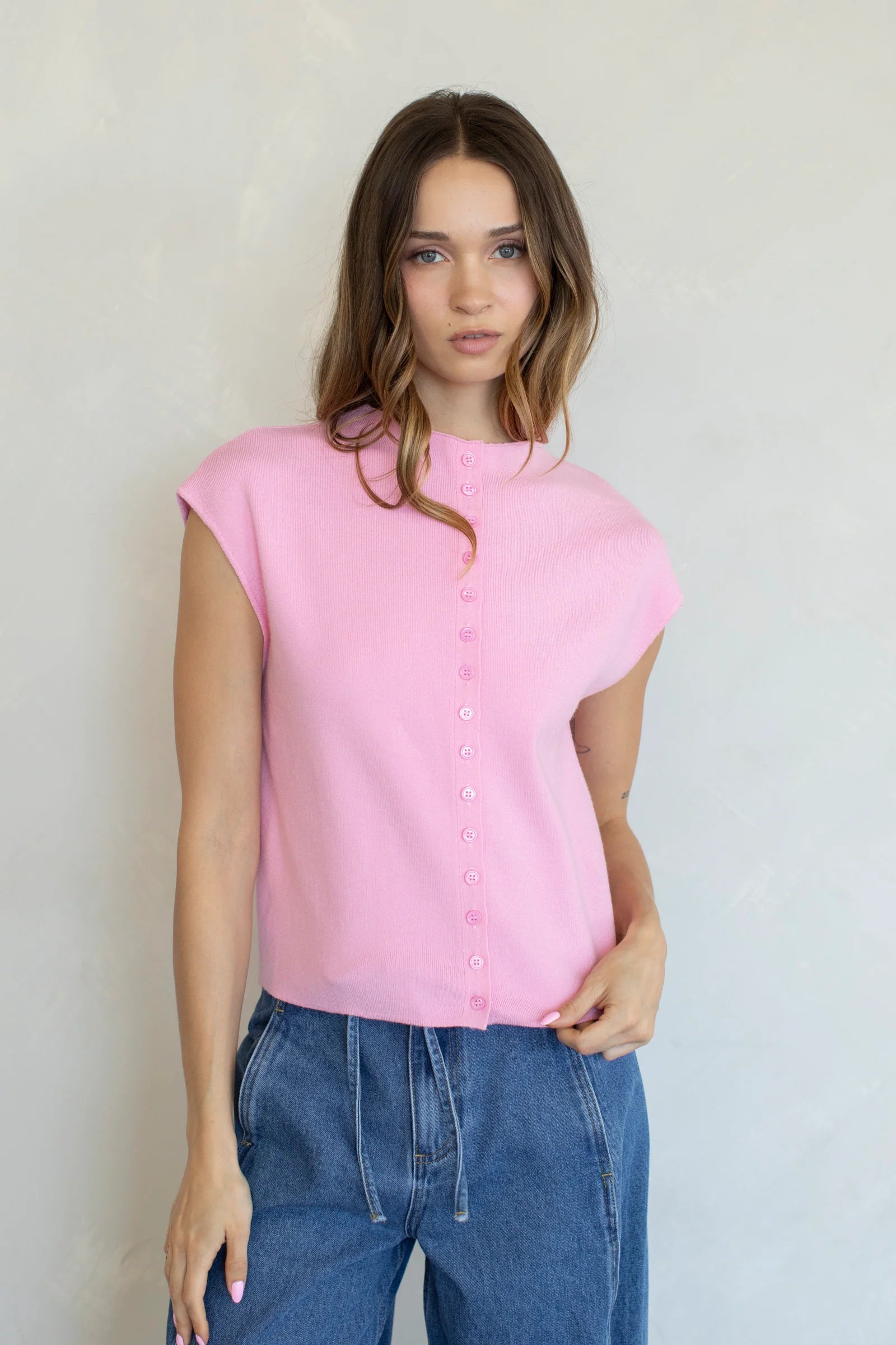 Short Sleeve Mockneck Cardigan, Light Pink