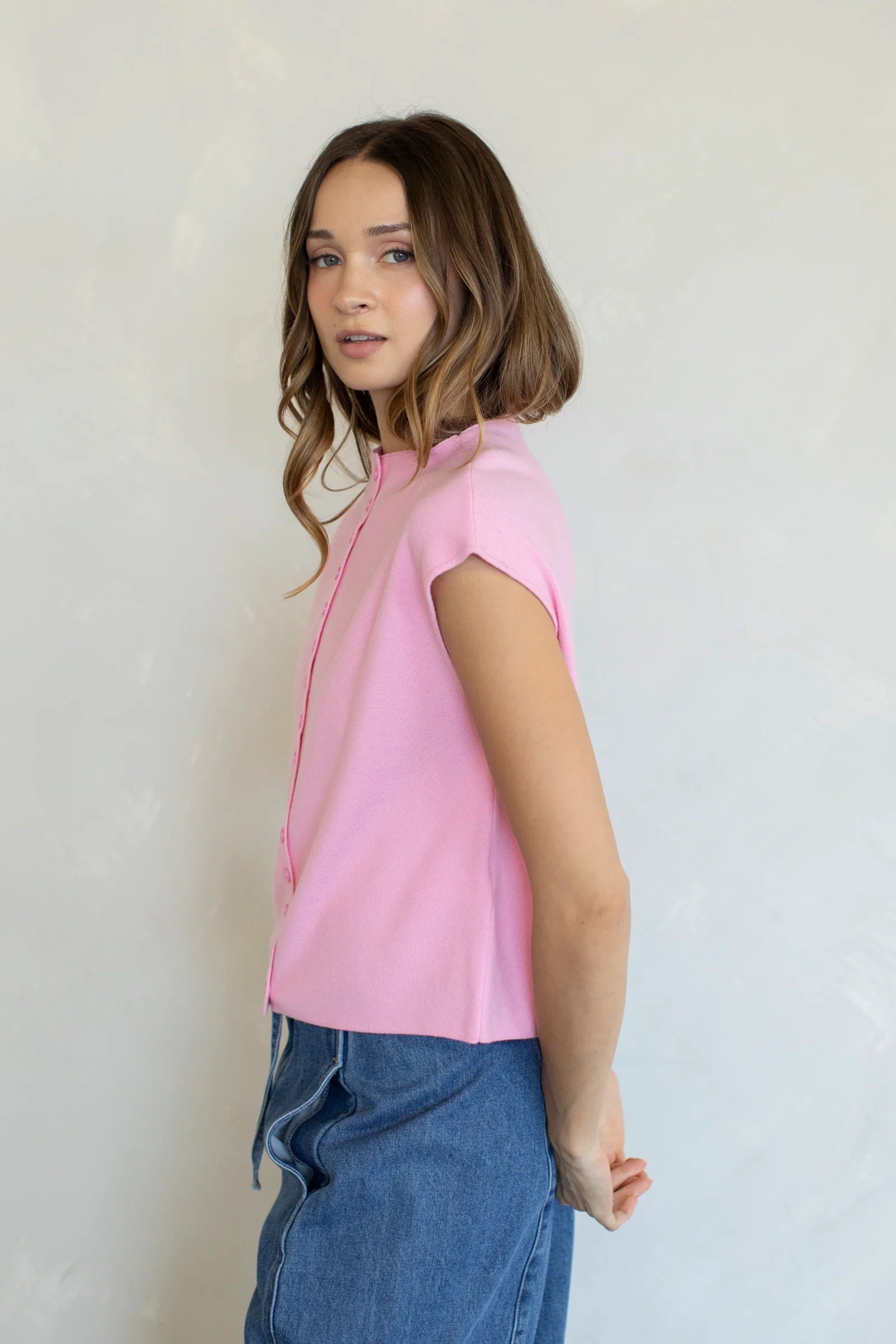 Short Sleeve Mockneck Cardigan, Light Pink