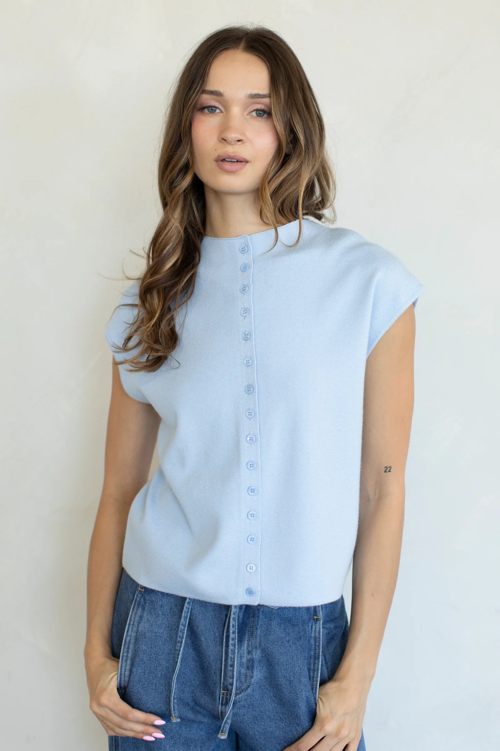 Short Sleeve Mockneck Cardigan, Light Blue