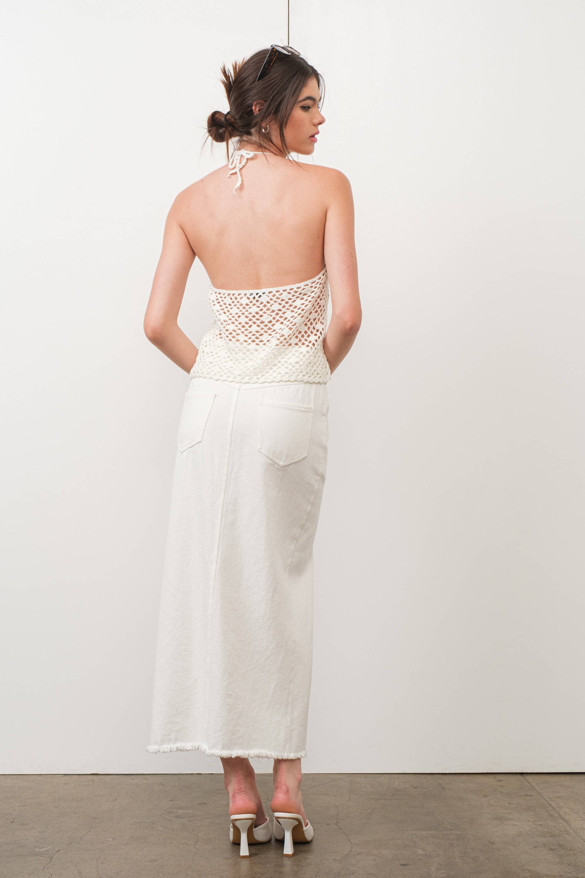 Rosette Crochet Knit Halter Top, Off-White