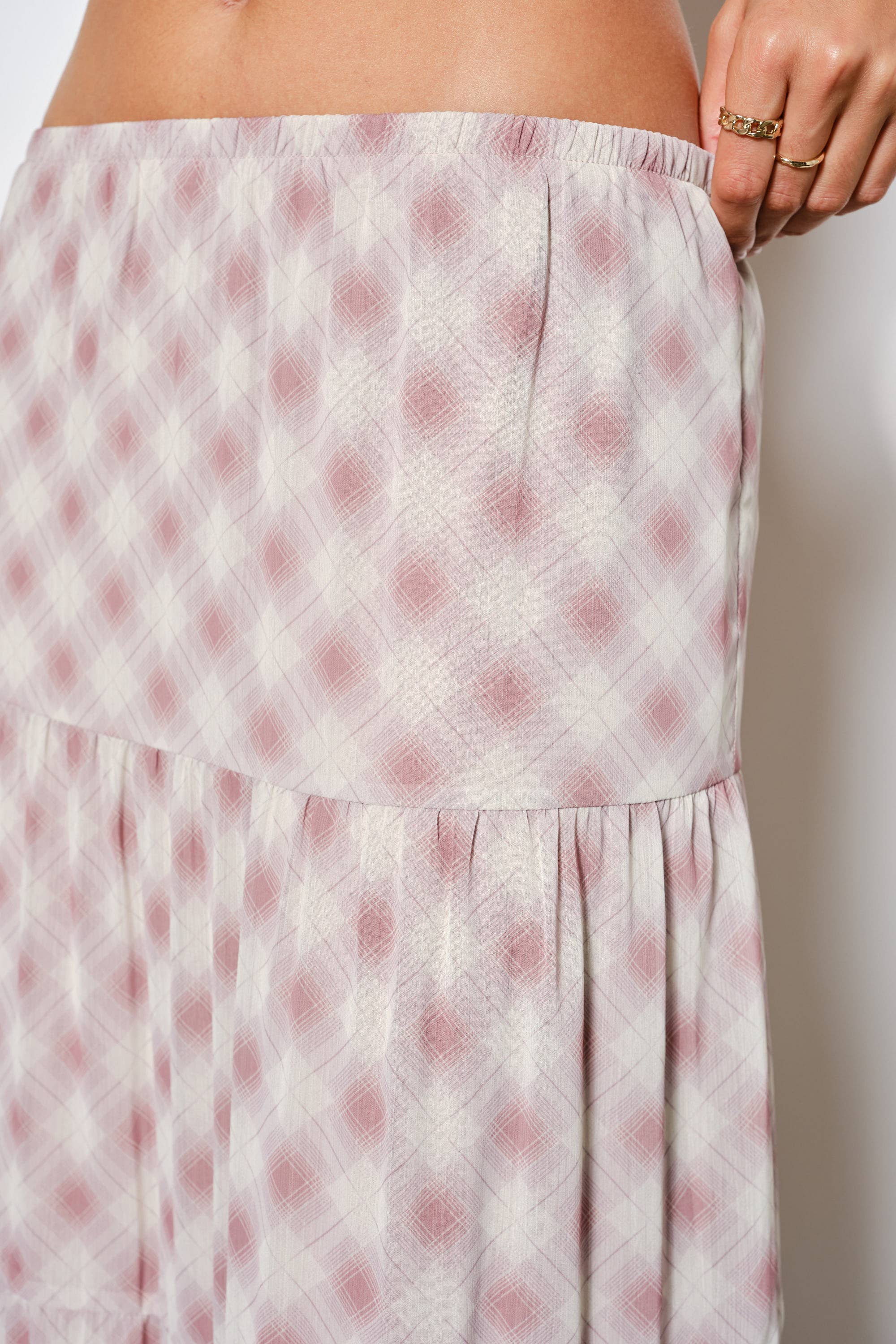 Plaid Tiered Maxi Skirt, Dusty Pink