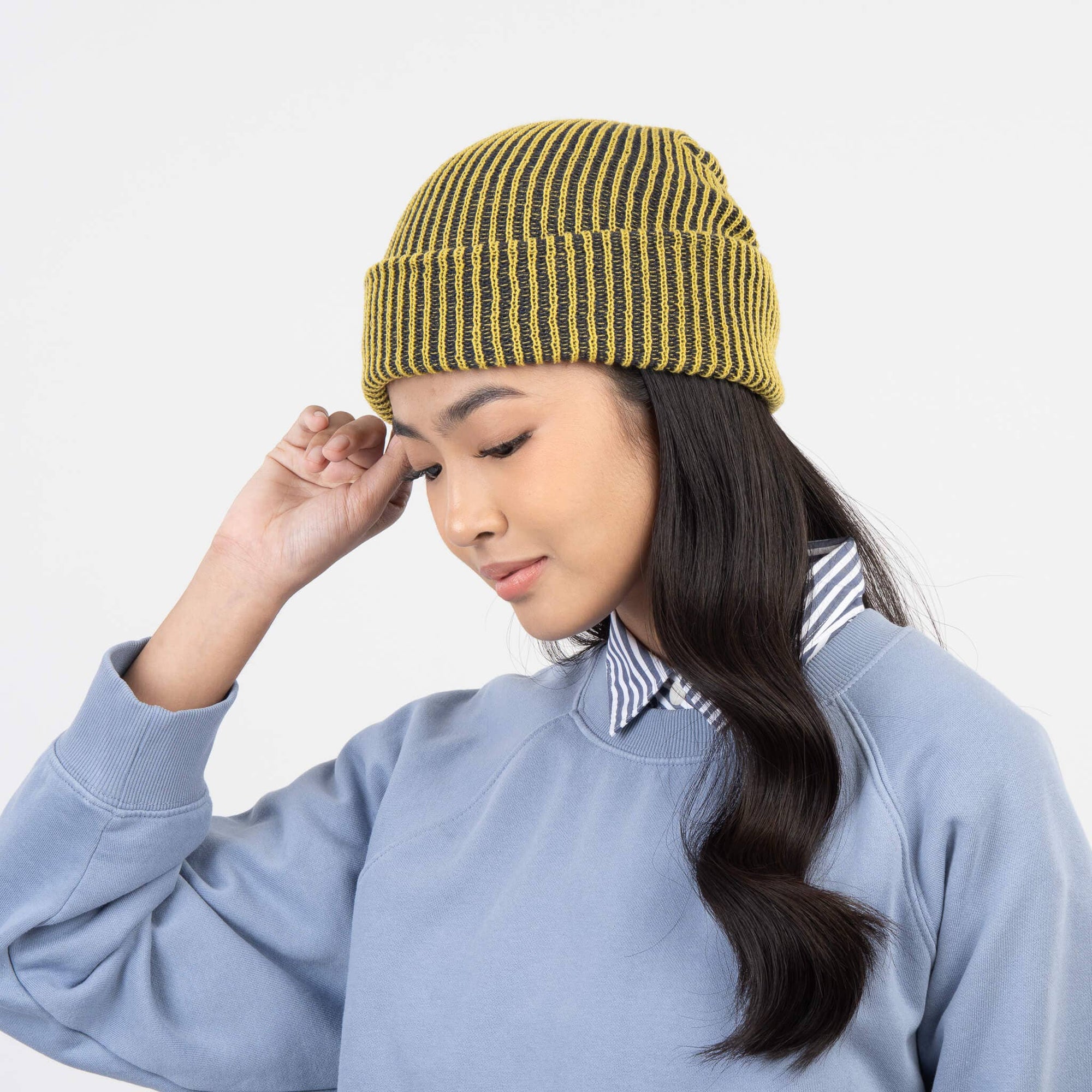 Simple Rib Knit Beanie, Golden Olive Navy