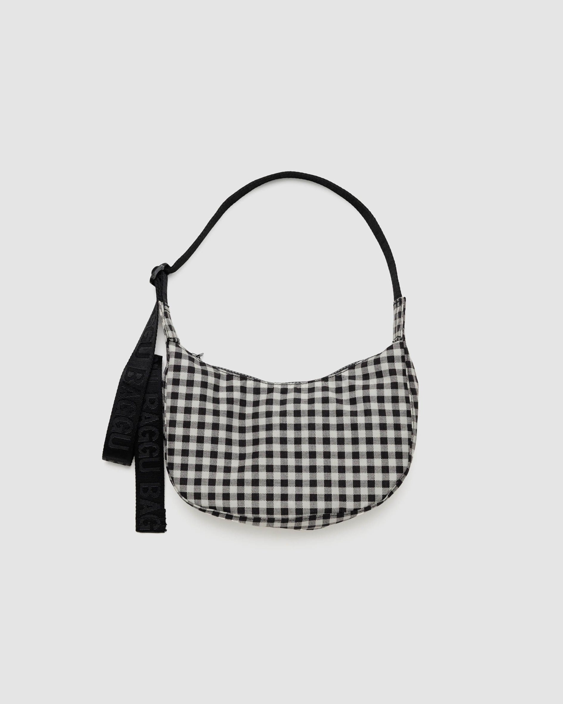 Small Nylon Crescent Bag, Black & White Gingham