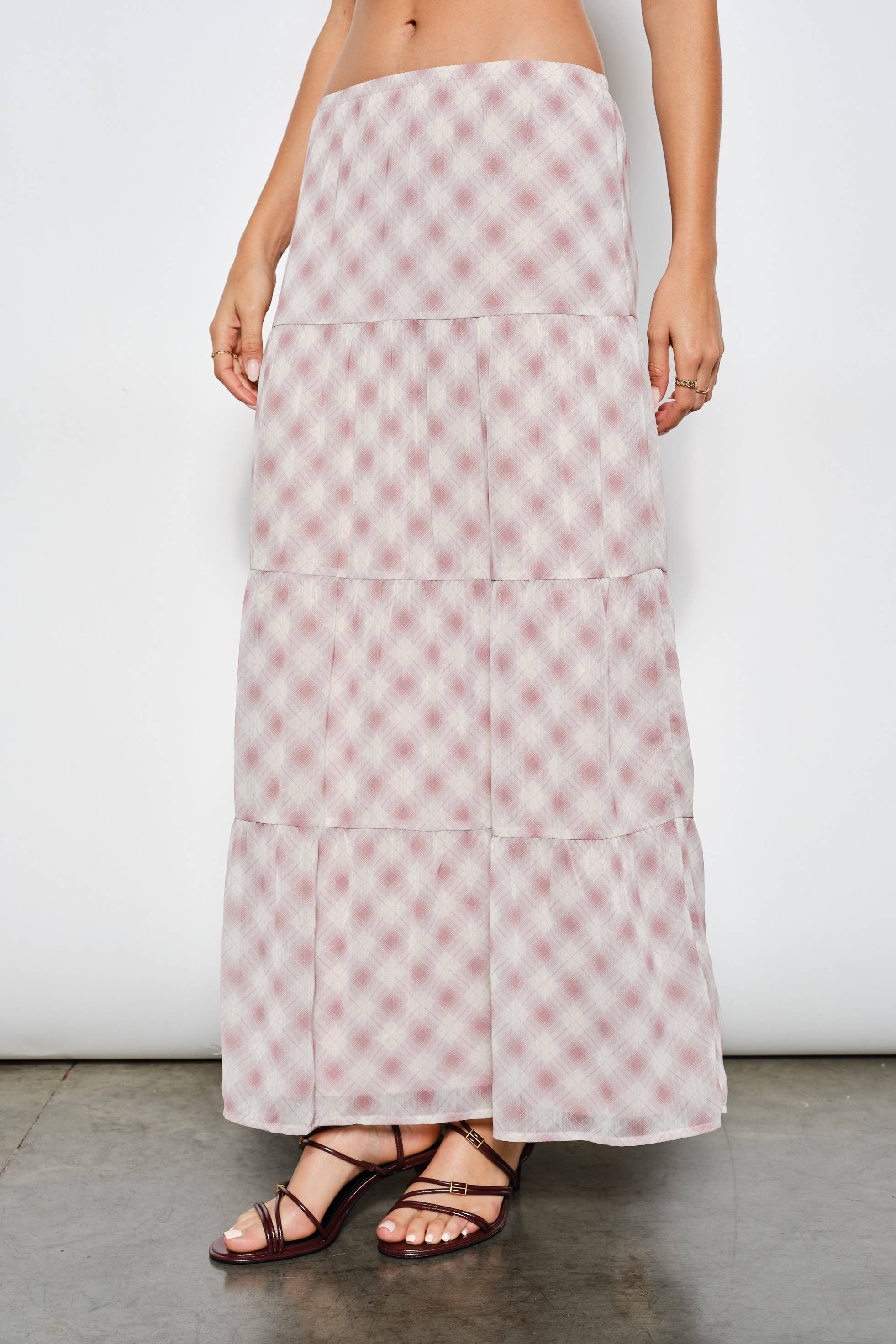Plaid Tiered Maxi Skirt, Dusty Pink