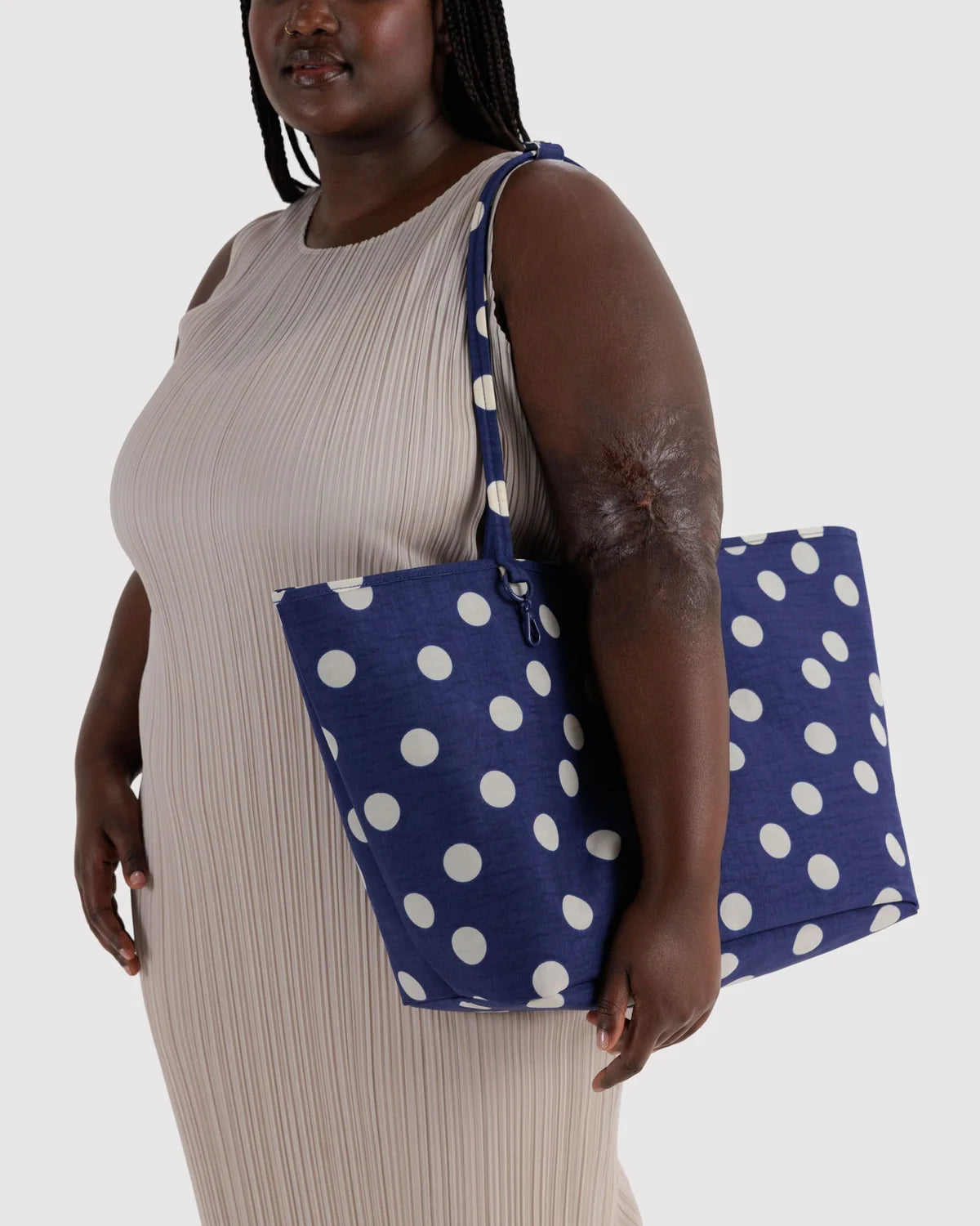 Large Nylon Reversible Tote, Navy Polka Dot Mix