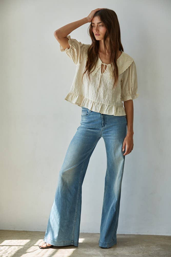 Embroidered Wide Collar Blouse, Cream