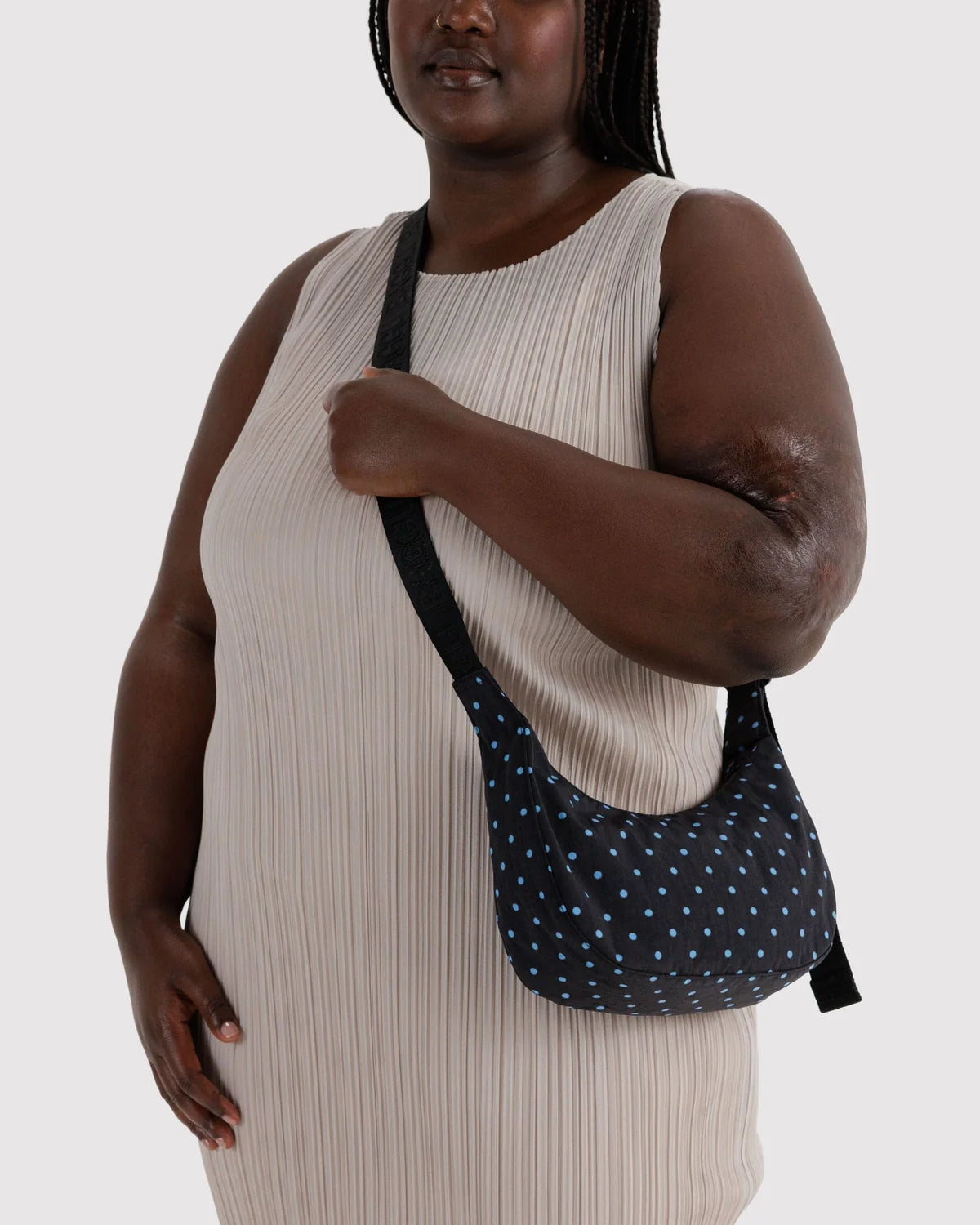 Small Nylon Crescent Bag, Black and Sky Blue Micro Dot