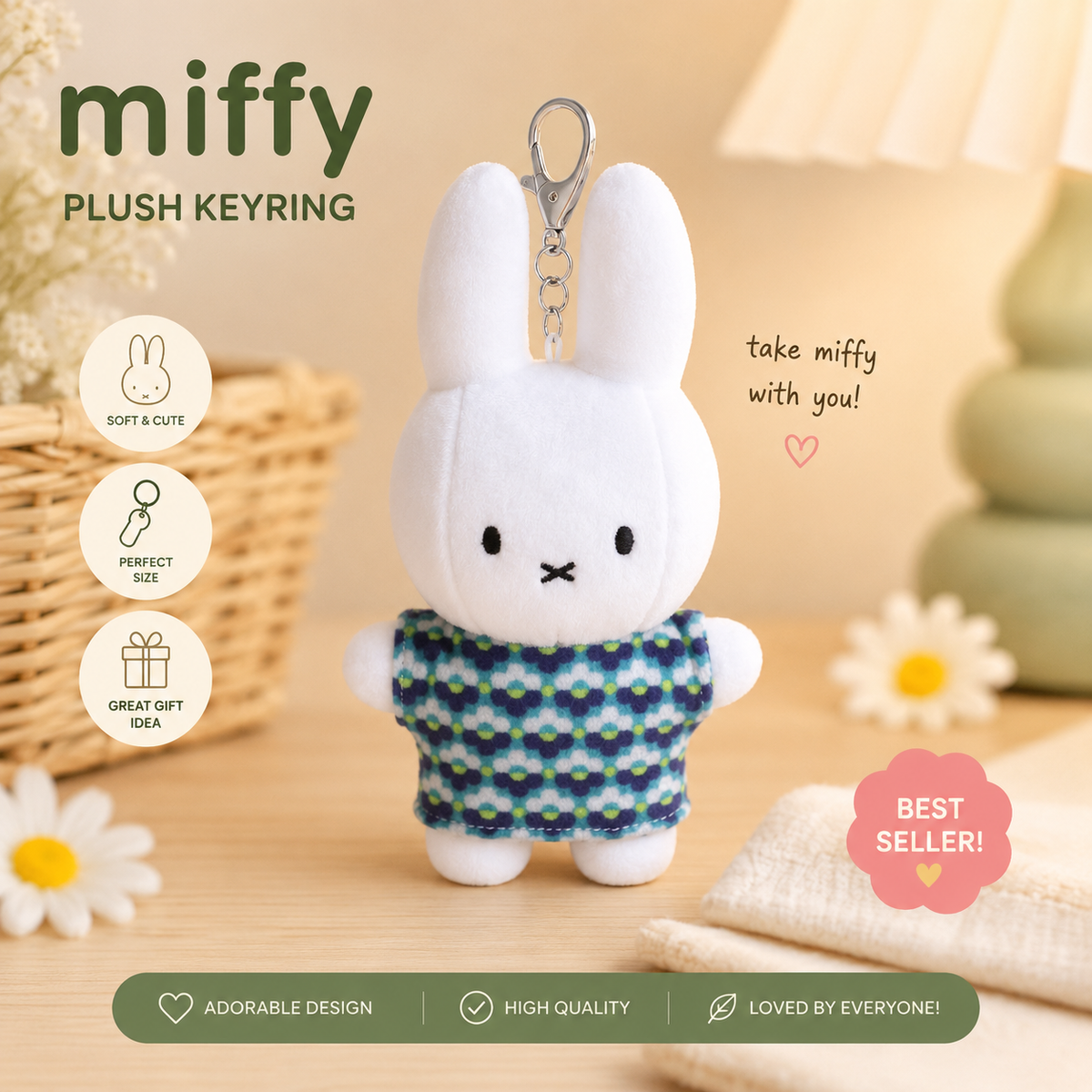 Miffy T-Shirt Plush Keychain, Green Daisy Shirt