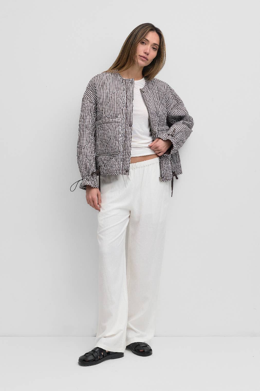 Quilted Gingham Jacket, Brown