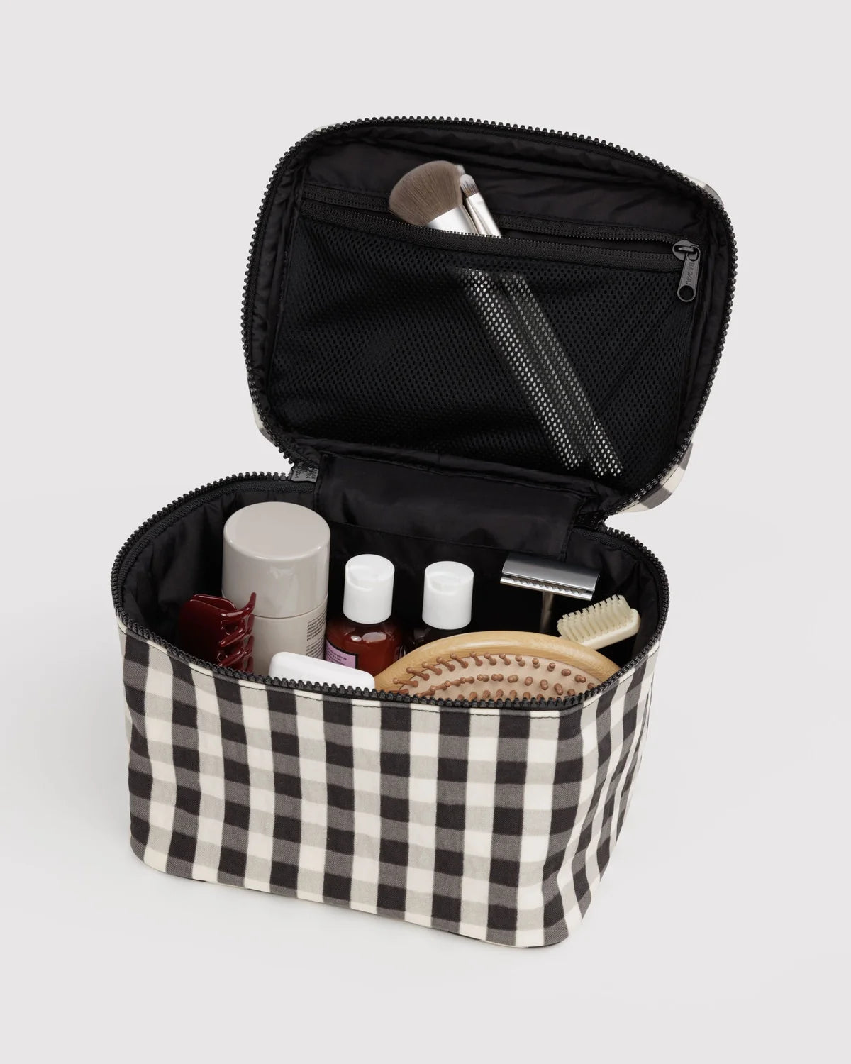 Large Cosmetic Case, Black & Cream Gingham