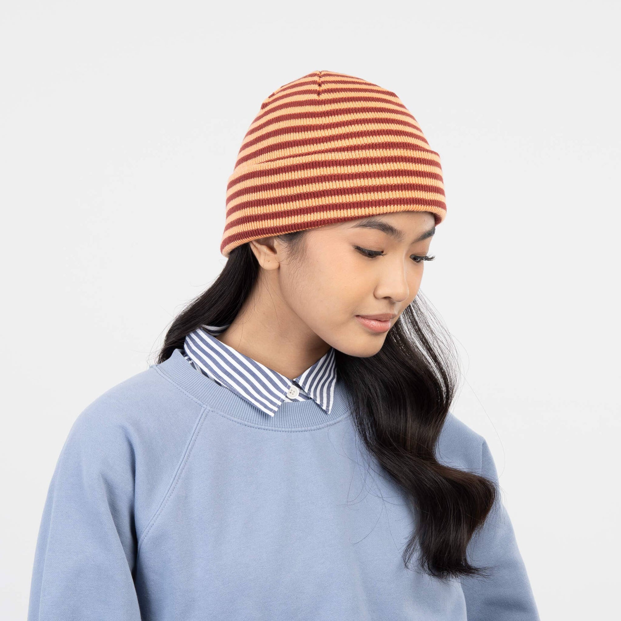 Simple Stripe Knit Beanie, Peach Wine Red