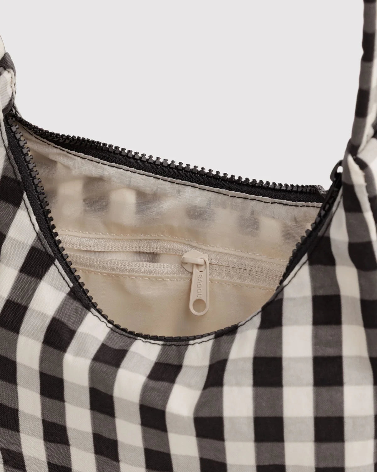 Mini Nylon Shoulder Bag, Black and Cream Gingham