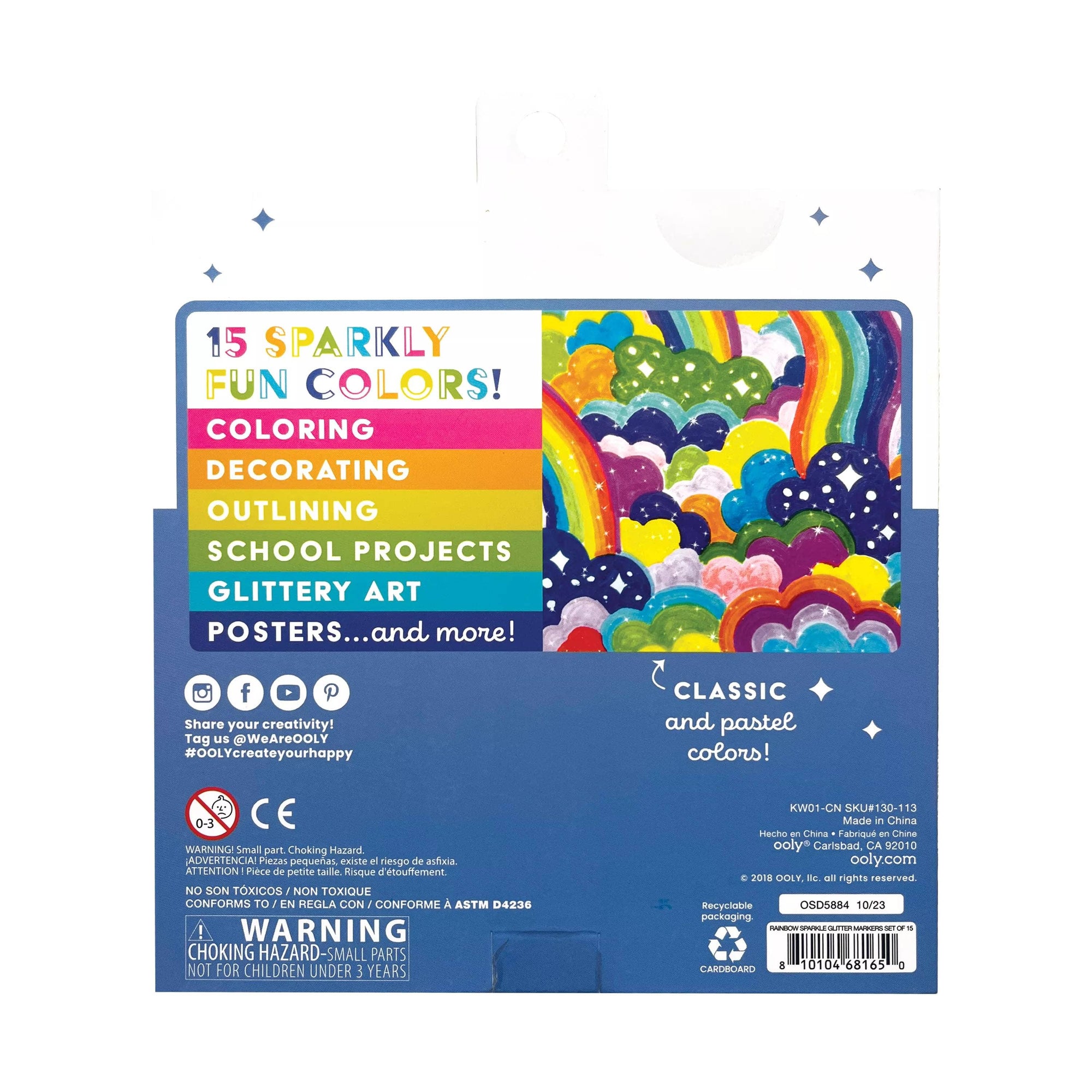 Rainbow Sparkle Glitter Markers, Set of 15