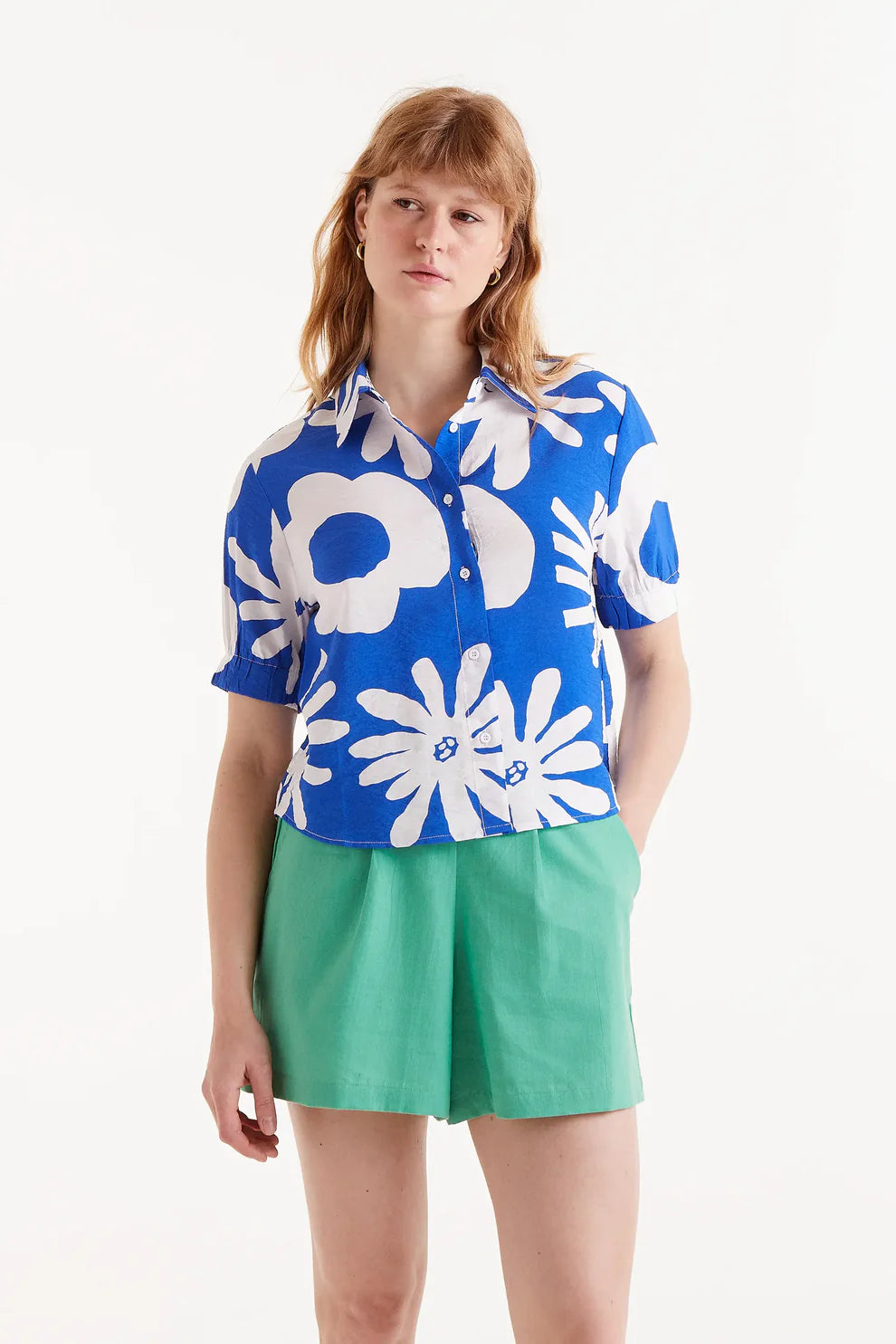 Short Sleeve Button Up, Blue & White