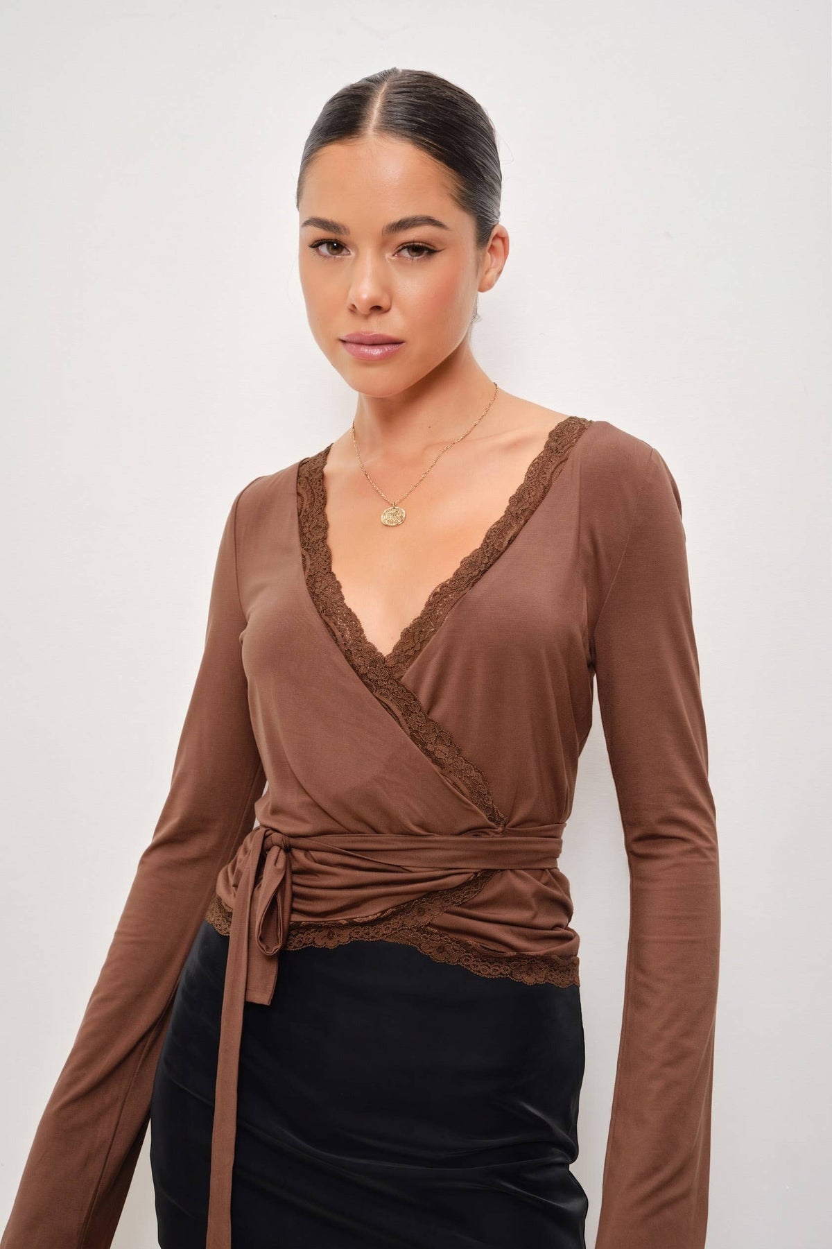 Lace Wrapped Top, Brown