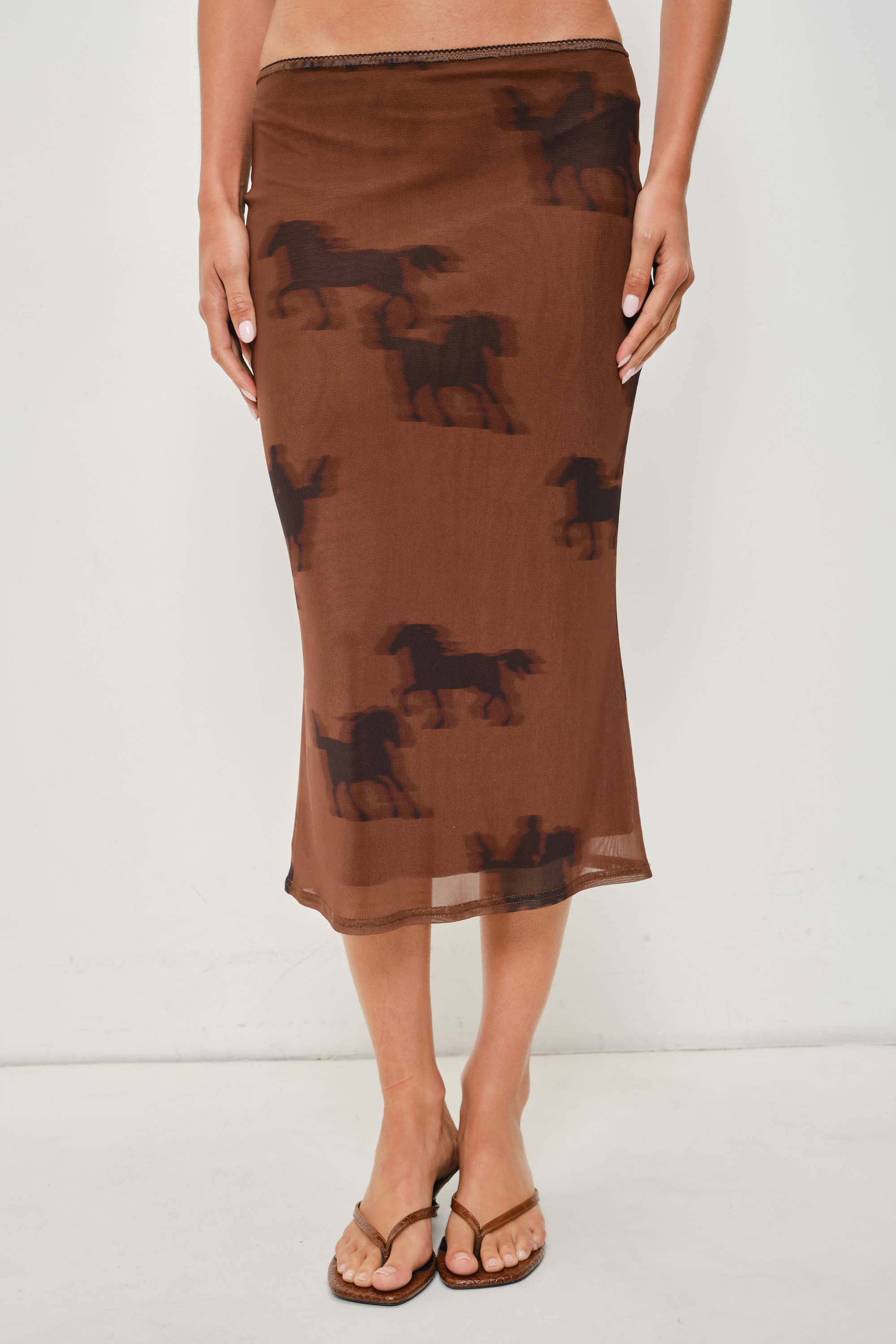 Horse Print Midi Skirt, Brown Multi