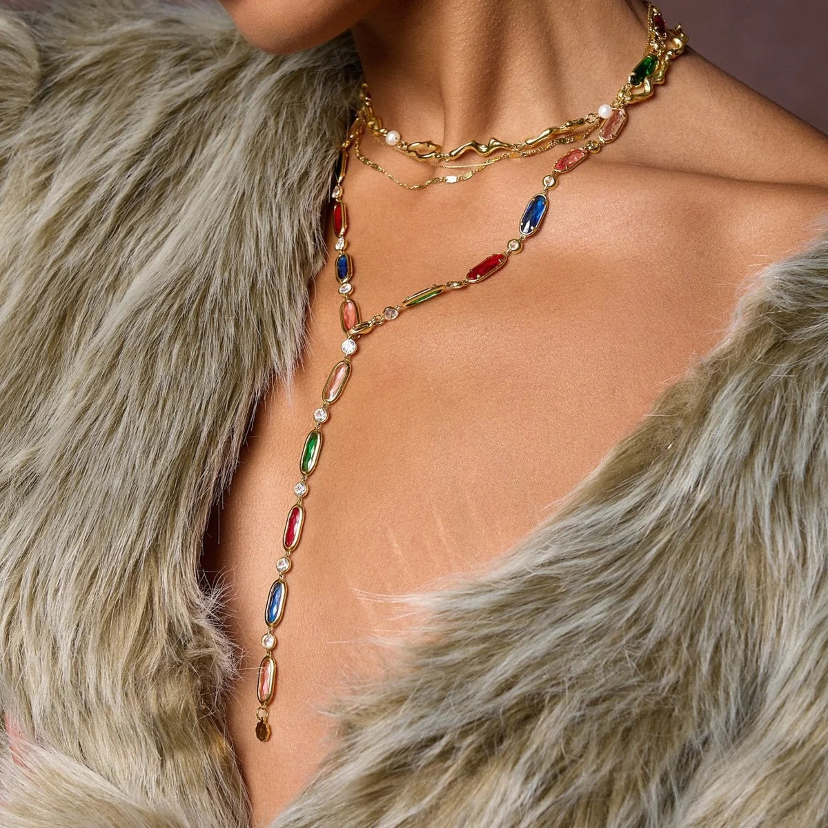 Colorful Beaded Necklace, Gold