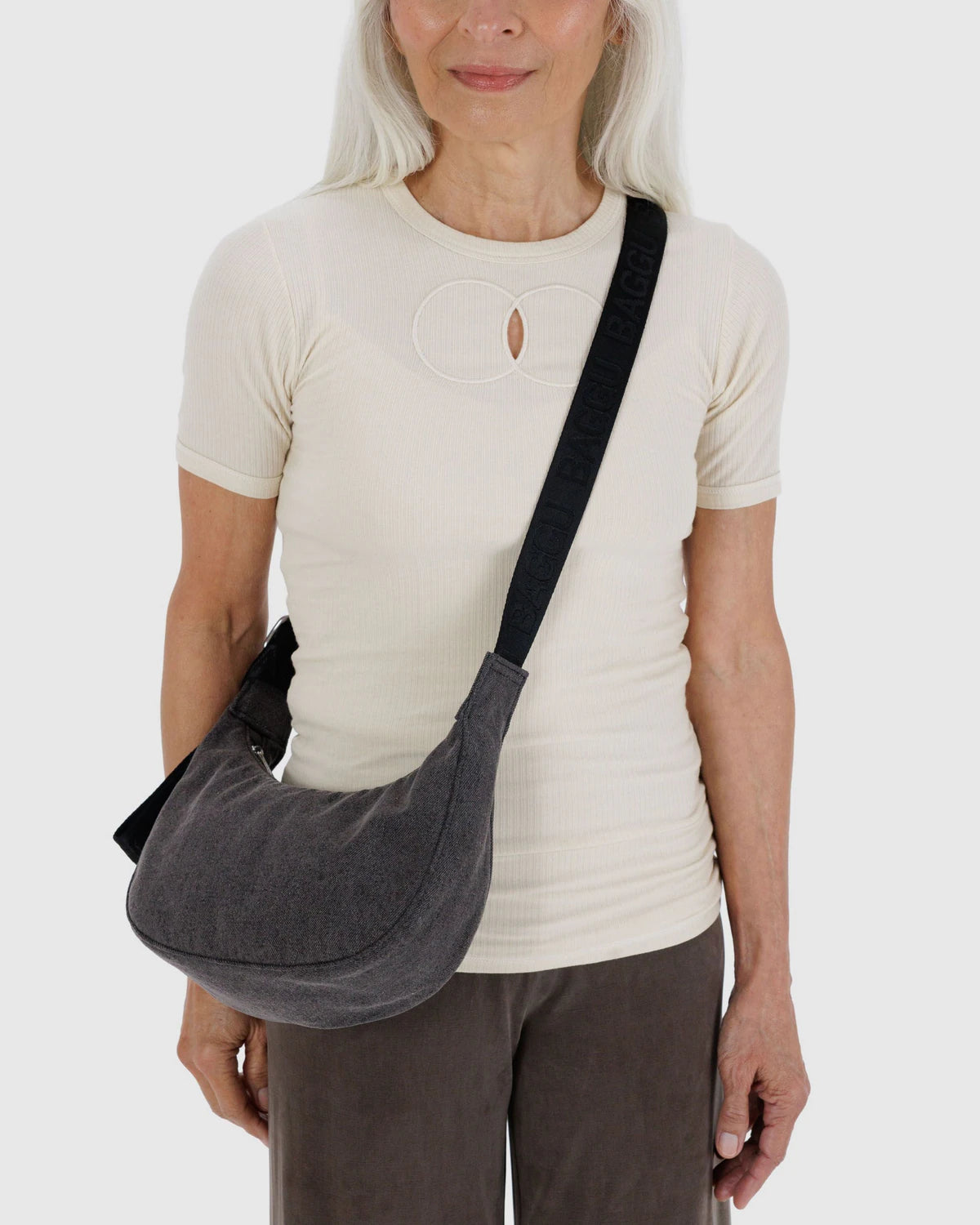 Small Nylon Crescent Bag, Black Denim