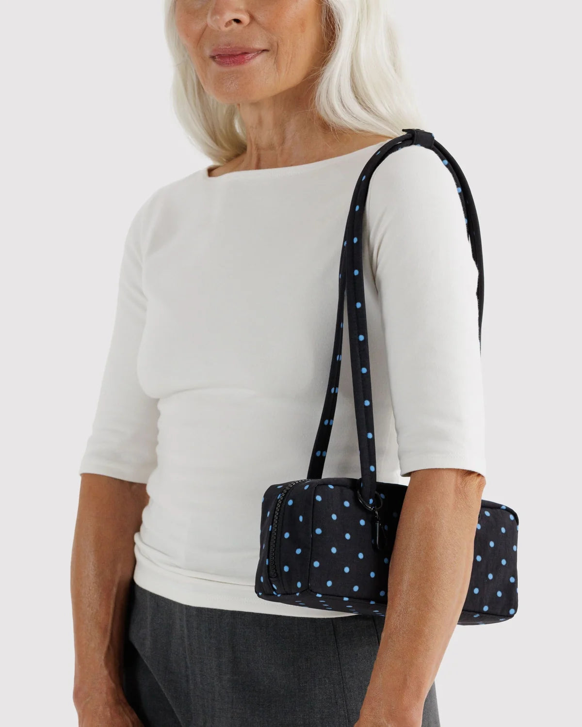 Small Nylon Bowler Bag, Black and Sky Blue Micro Dot