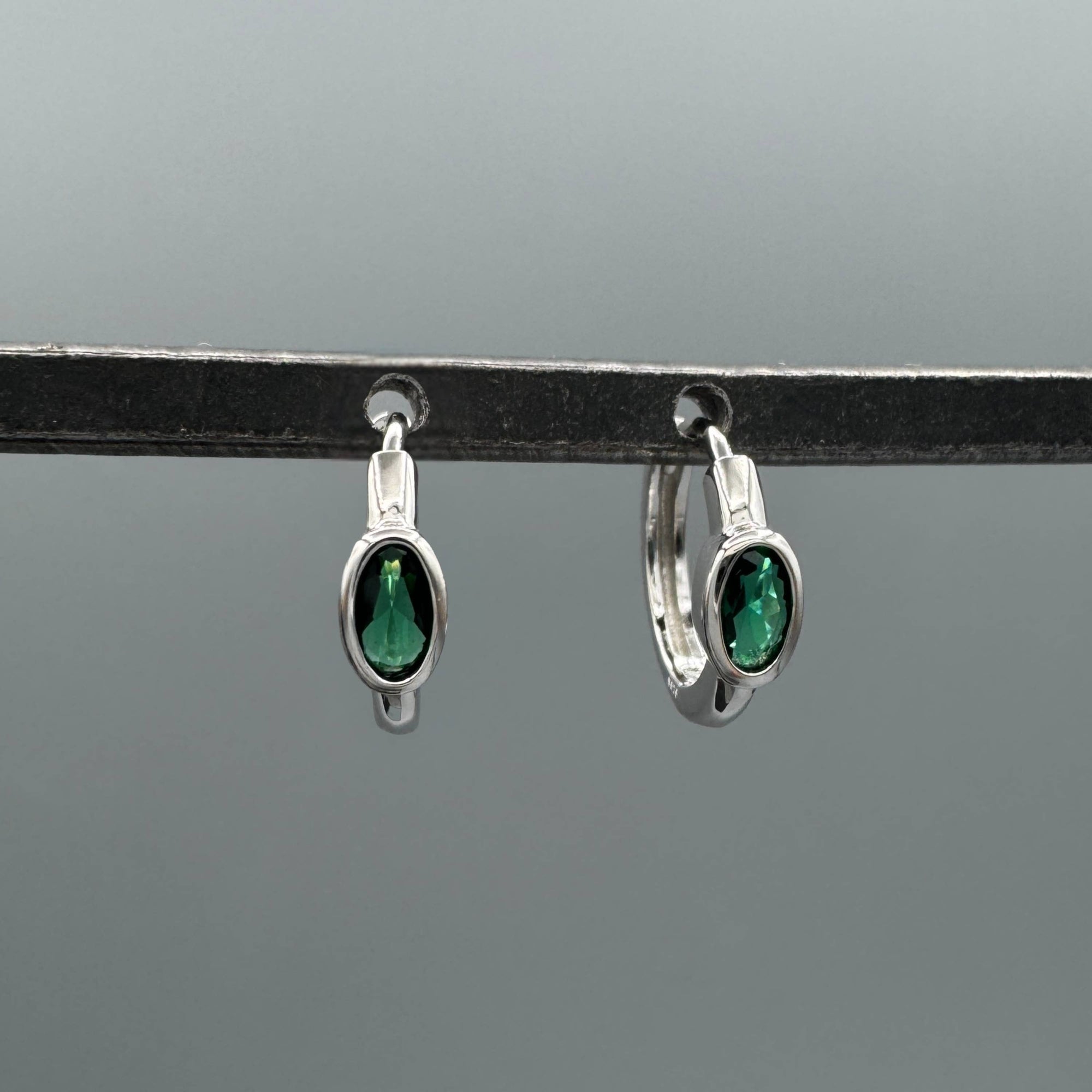 Silver Oval Emerald CZ Hoops