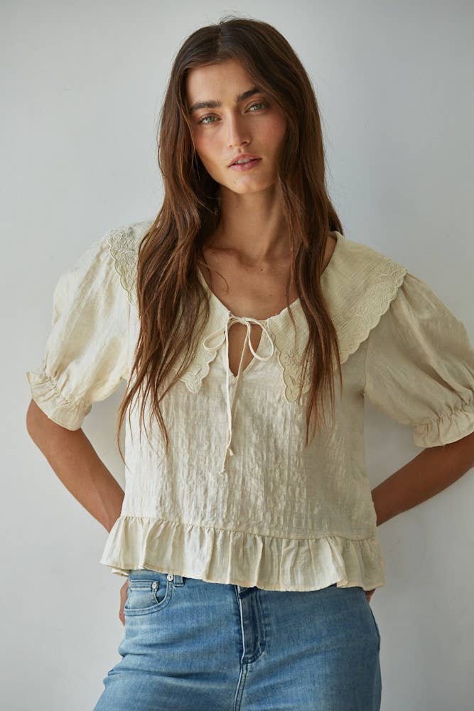 Embroidered Wide Collar Blouse, Cream