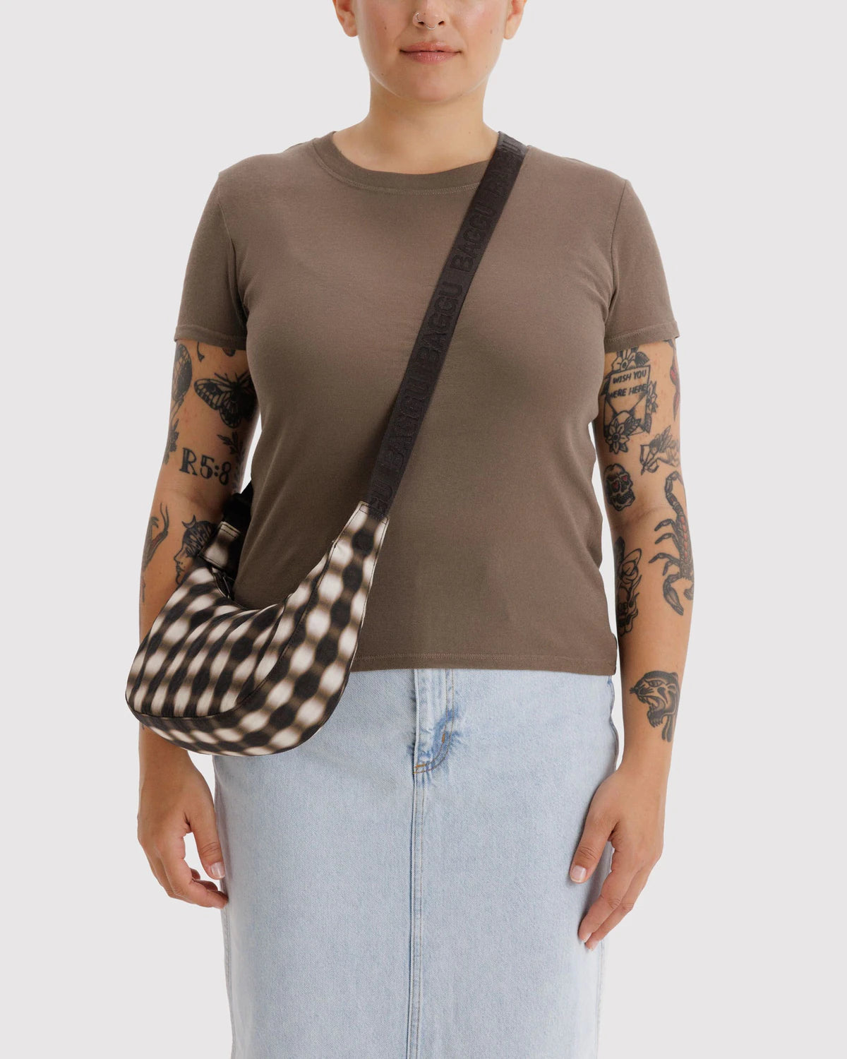 Small Nylon Crescent Bag, Blurred Gingham Brown