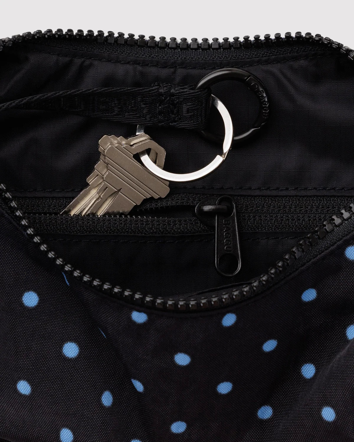 Small Nylon Crescent Bag, Black and Sky Blue Micro Dot