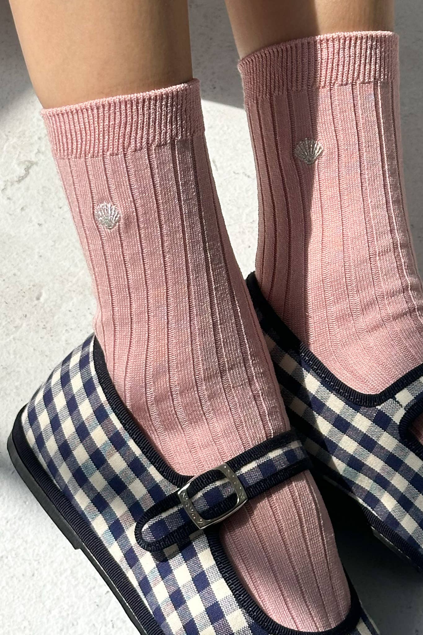 Embroidered Her Socks, Pink Soda + Silver Seashell