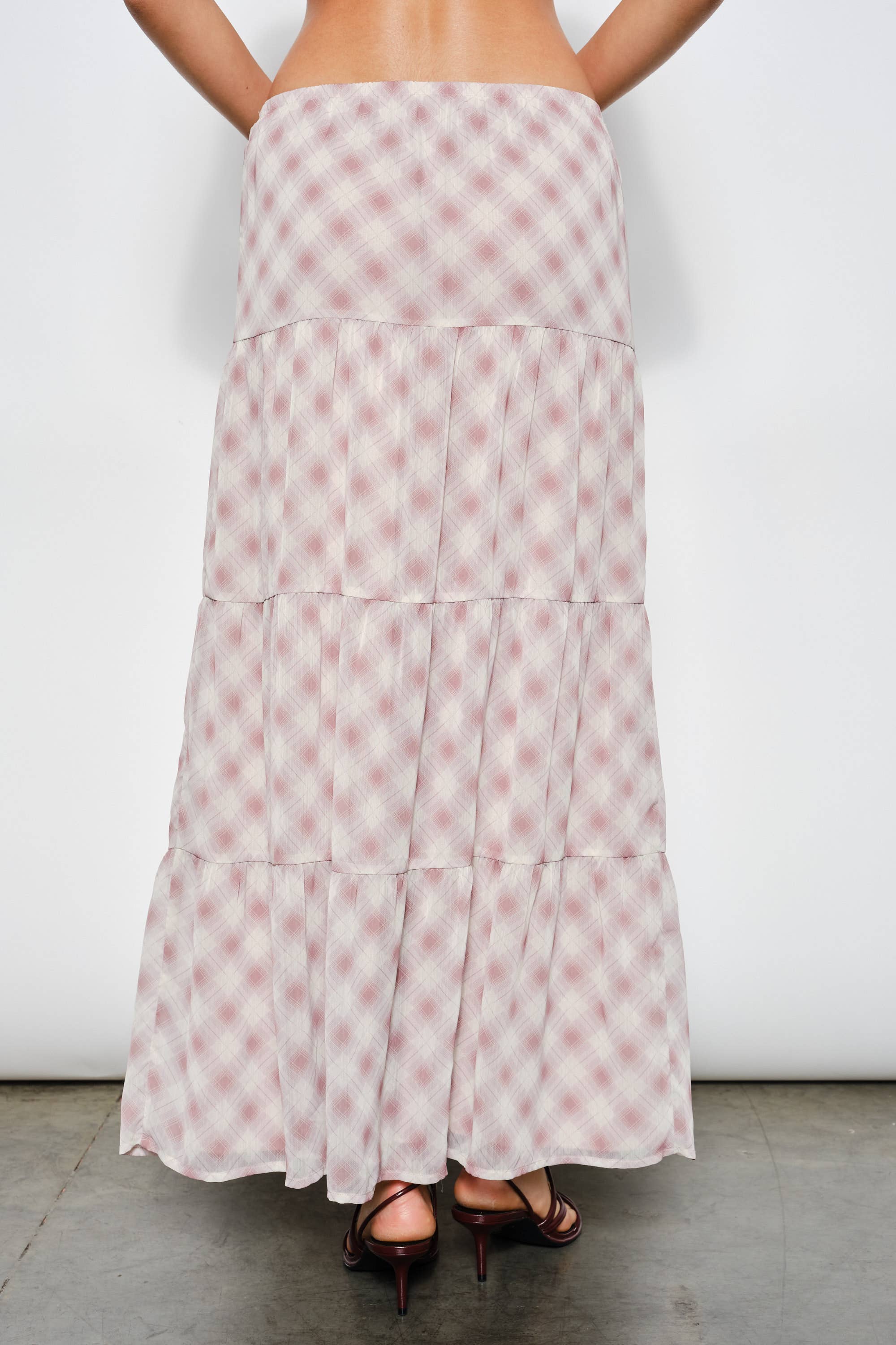 Plaid Tiered Maxi Skirt, Dusty Pink