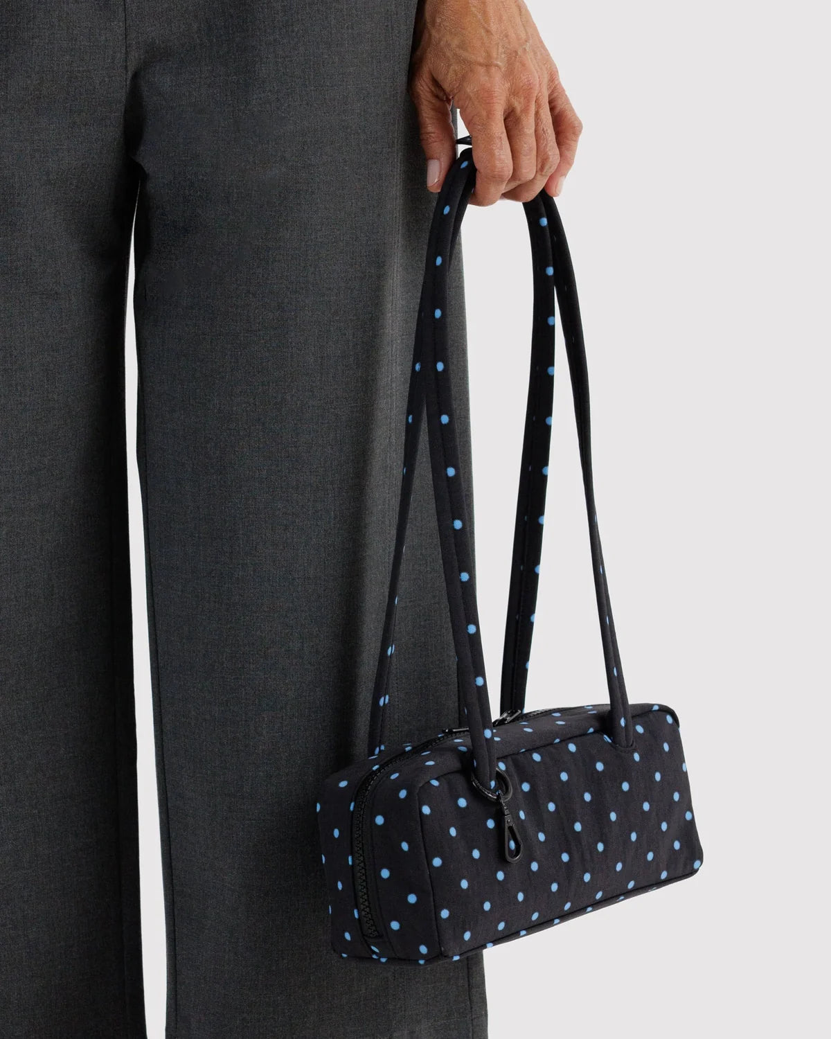 Small Nylon Bowler Bag, Black and Sky Blue Micro Dot