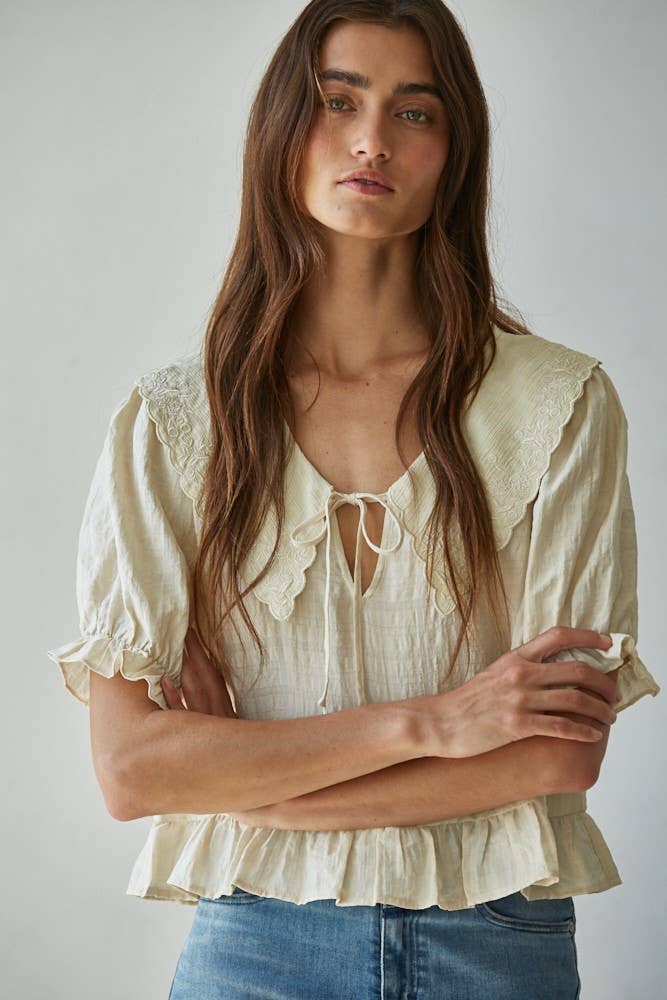 Embroidered Wide Collar Blouse, Cream