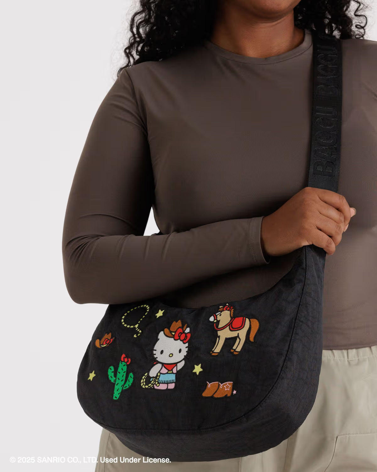 Medium Nylon Crescent Bag, Embroidered Hello Kitty Western