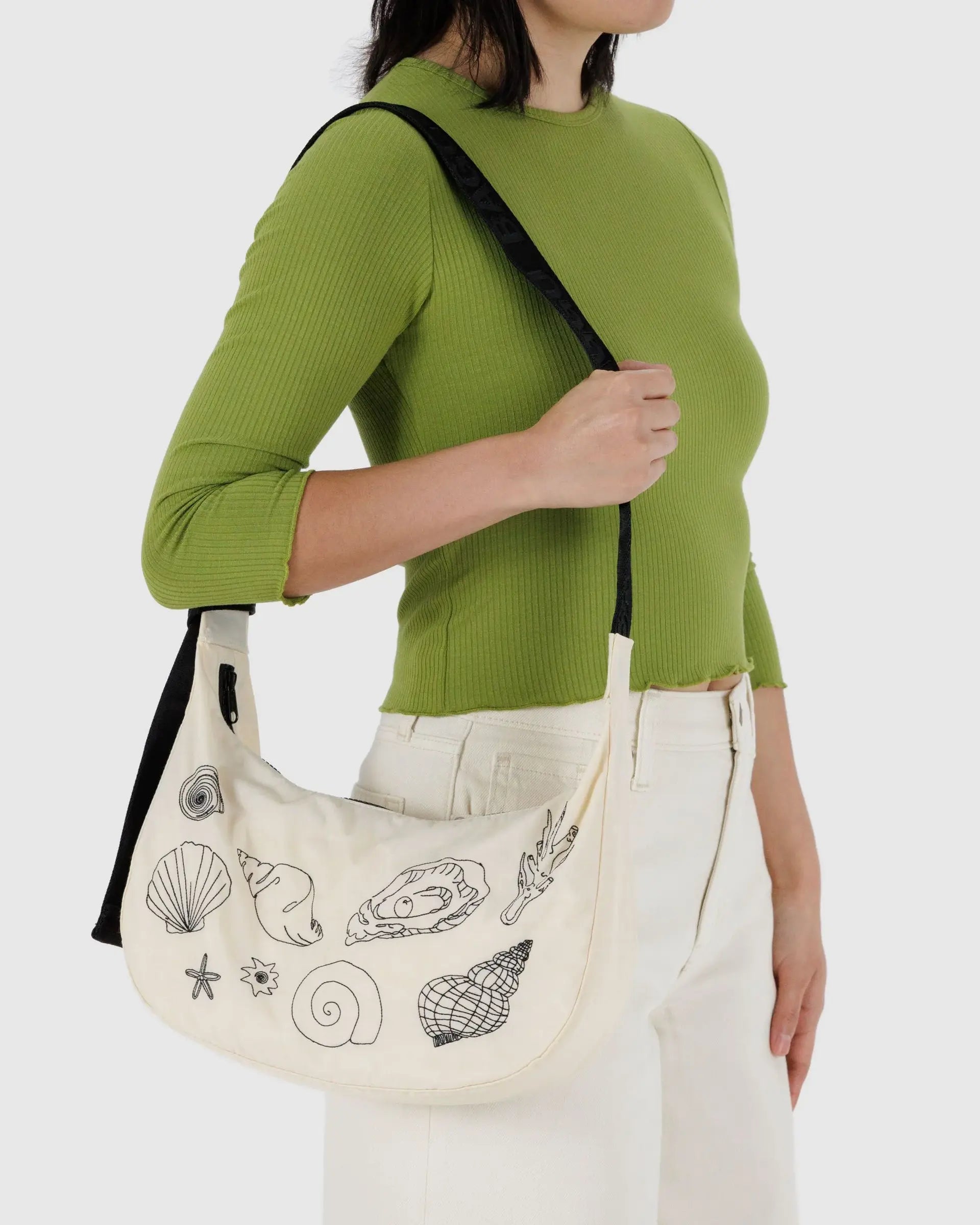 Medium Nylon Crescent Bag, Embroidered Shells