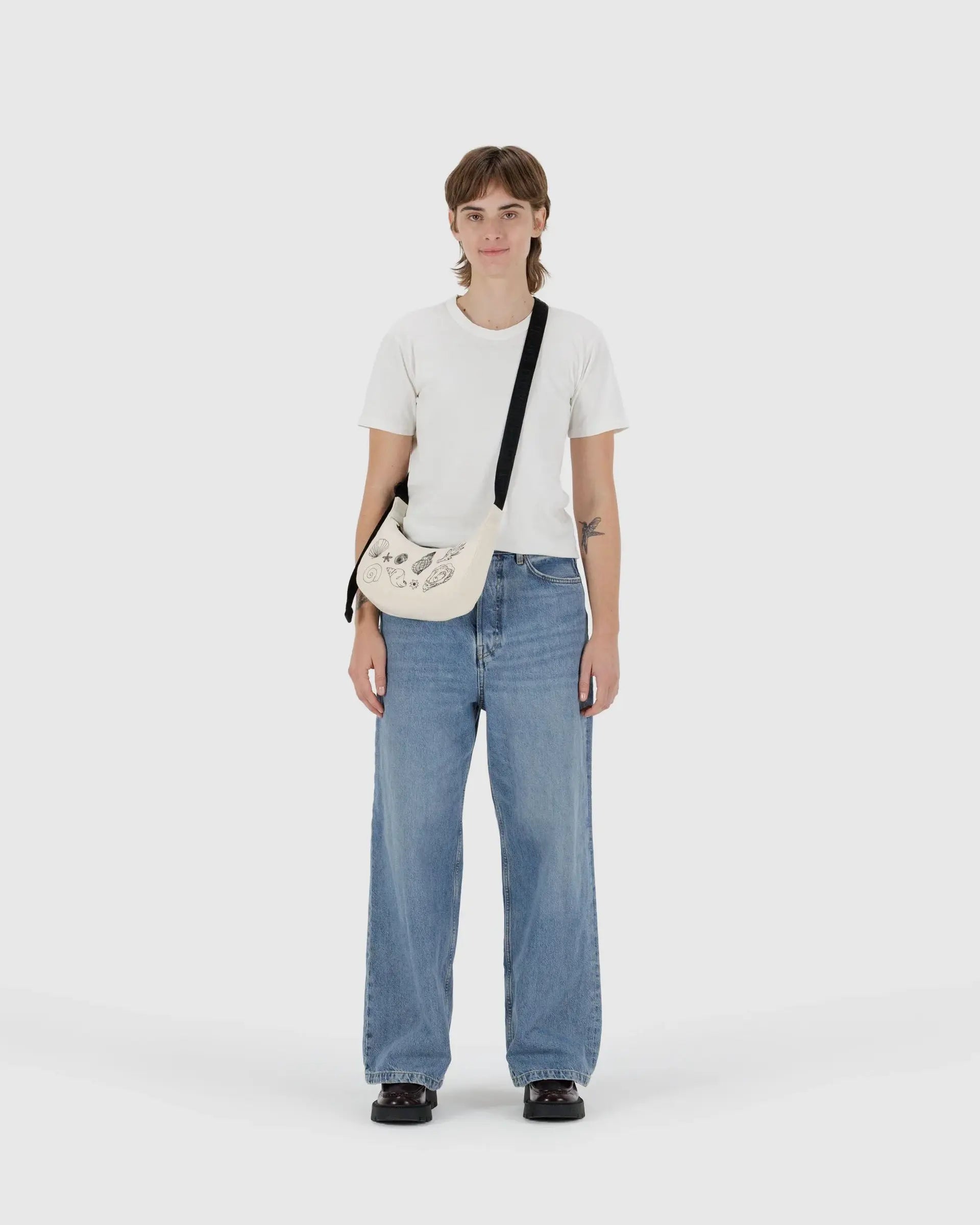 Small Nylon Crescent Bag, Embroidered Shells