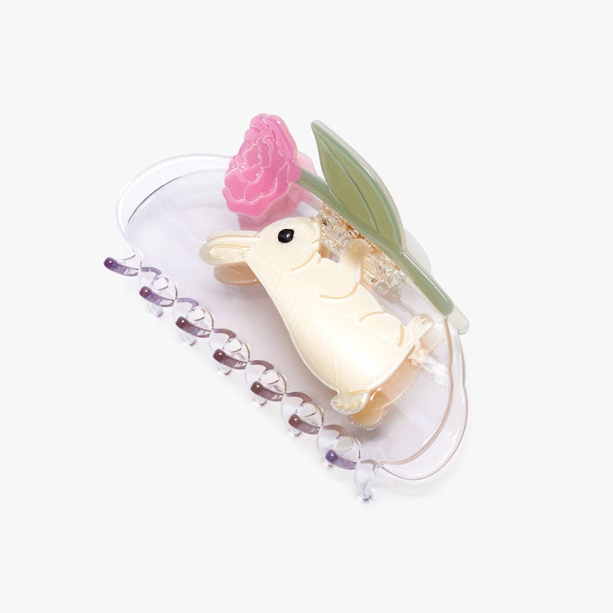 Cream Bunny Rabbit with Pink Peony Flower Hair Claw