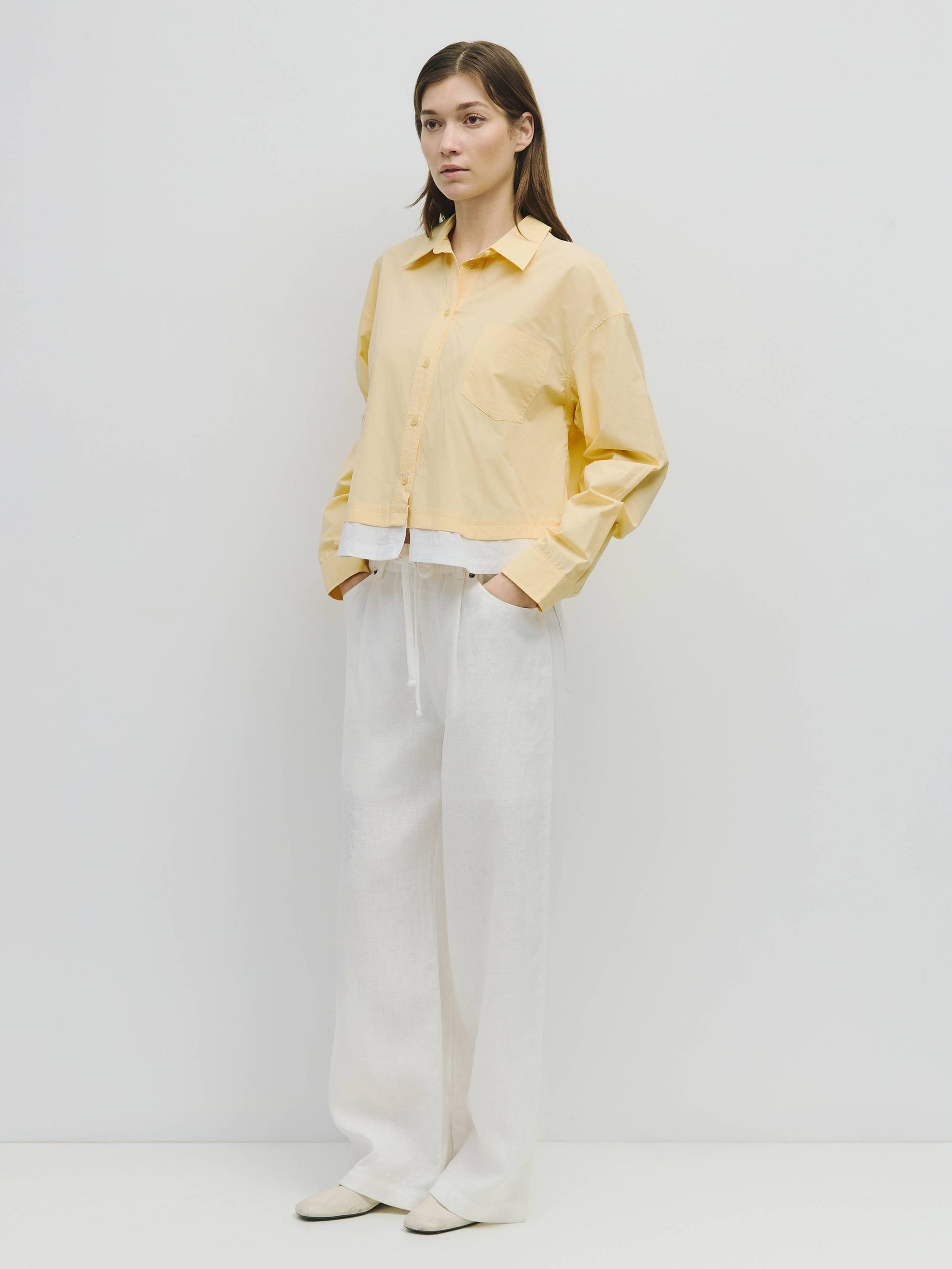 Cropped Layered Button-Down Shirt, Yellow