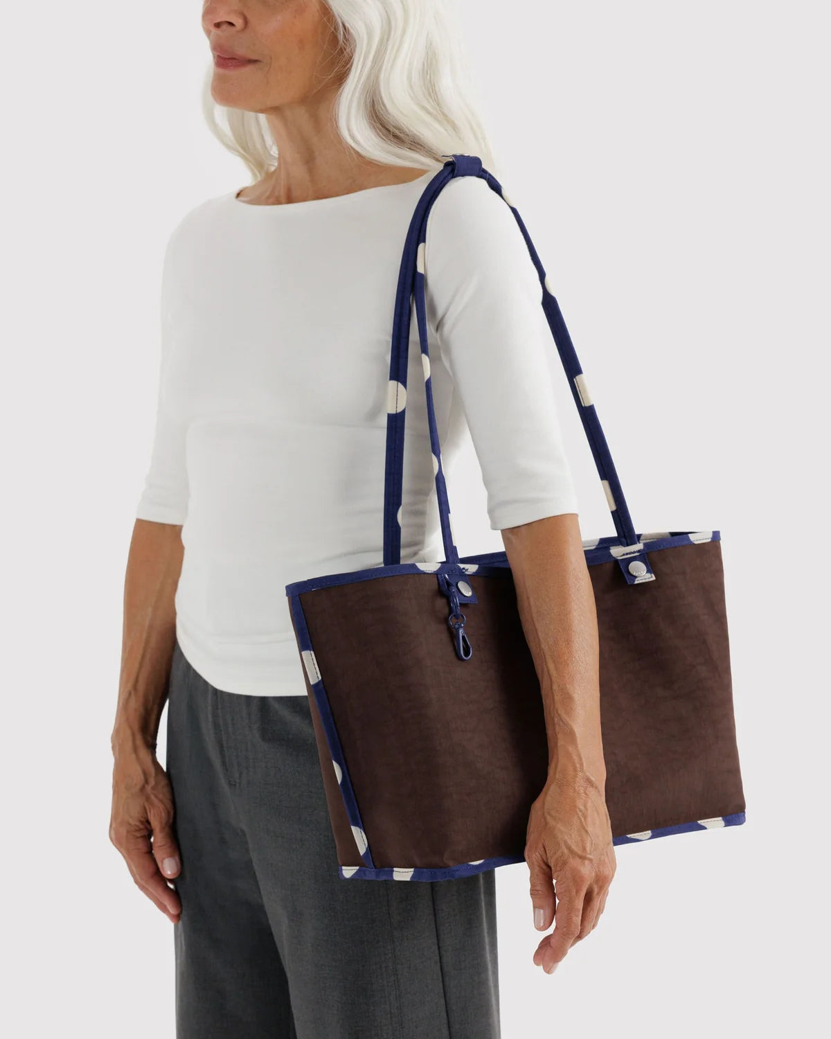 Medium Nylon Reversible Tote, Navy Polka Dot Mix