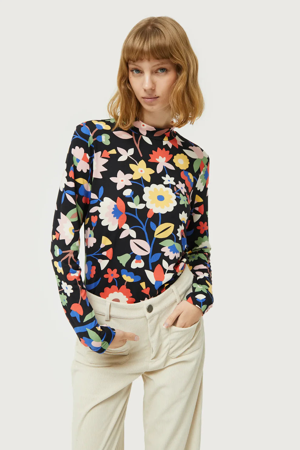 Mockneck Long Sleeve Top, Retro Floral