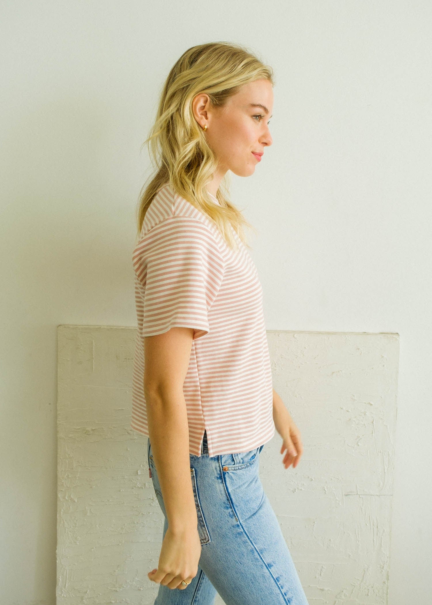 Emerson Striped Tee, Ivory/Pink Stripe